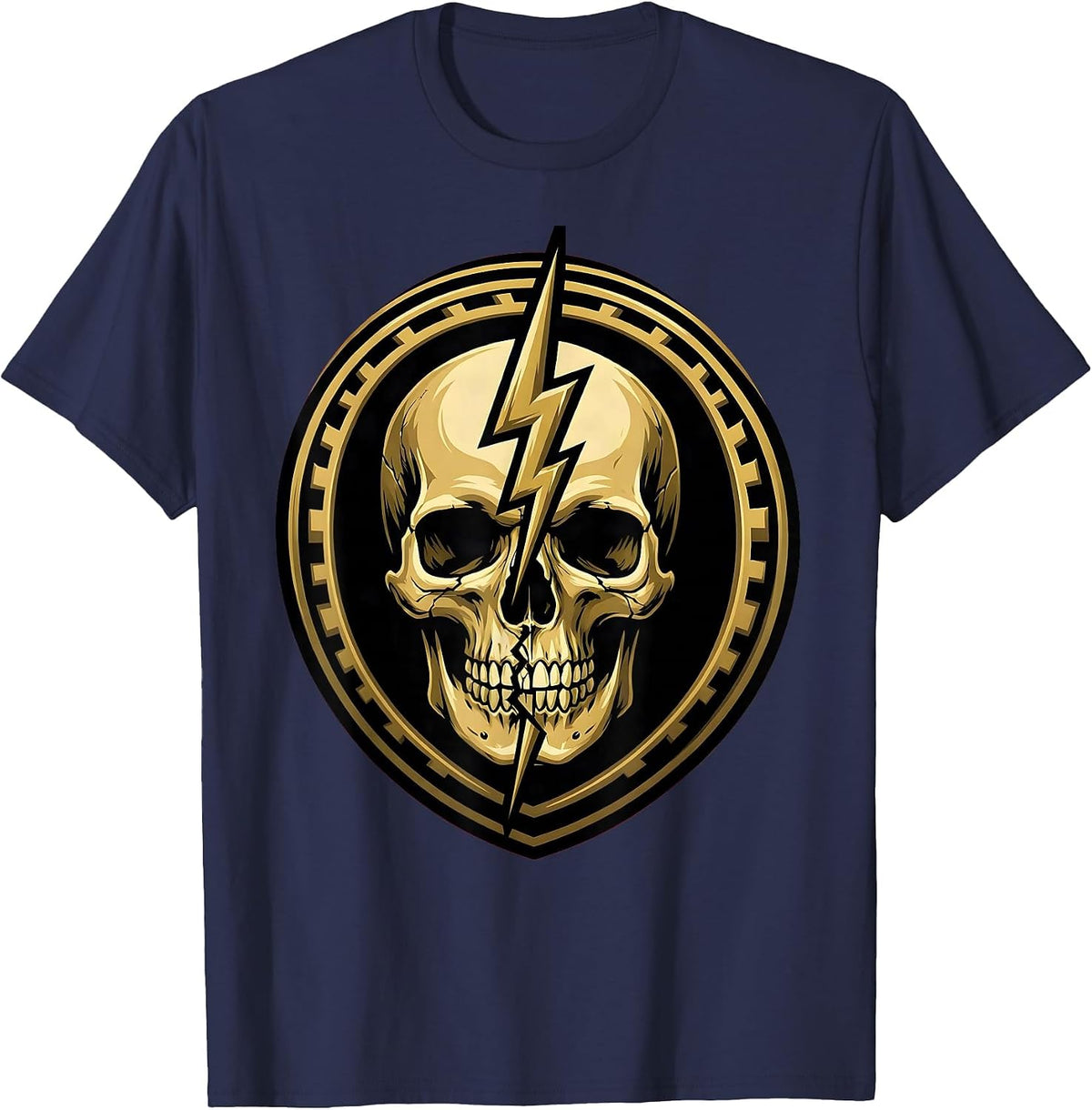 Skull Lightning Bolt Rock Graphic Tee T-Shirt - Navy Blue