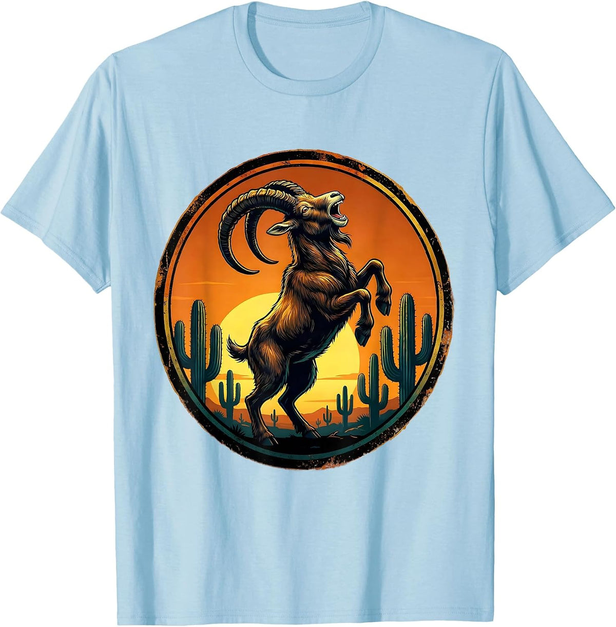 Men's Wild Goat Howling at Desert Sunset Sky T-Shirt - Baby Blue