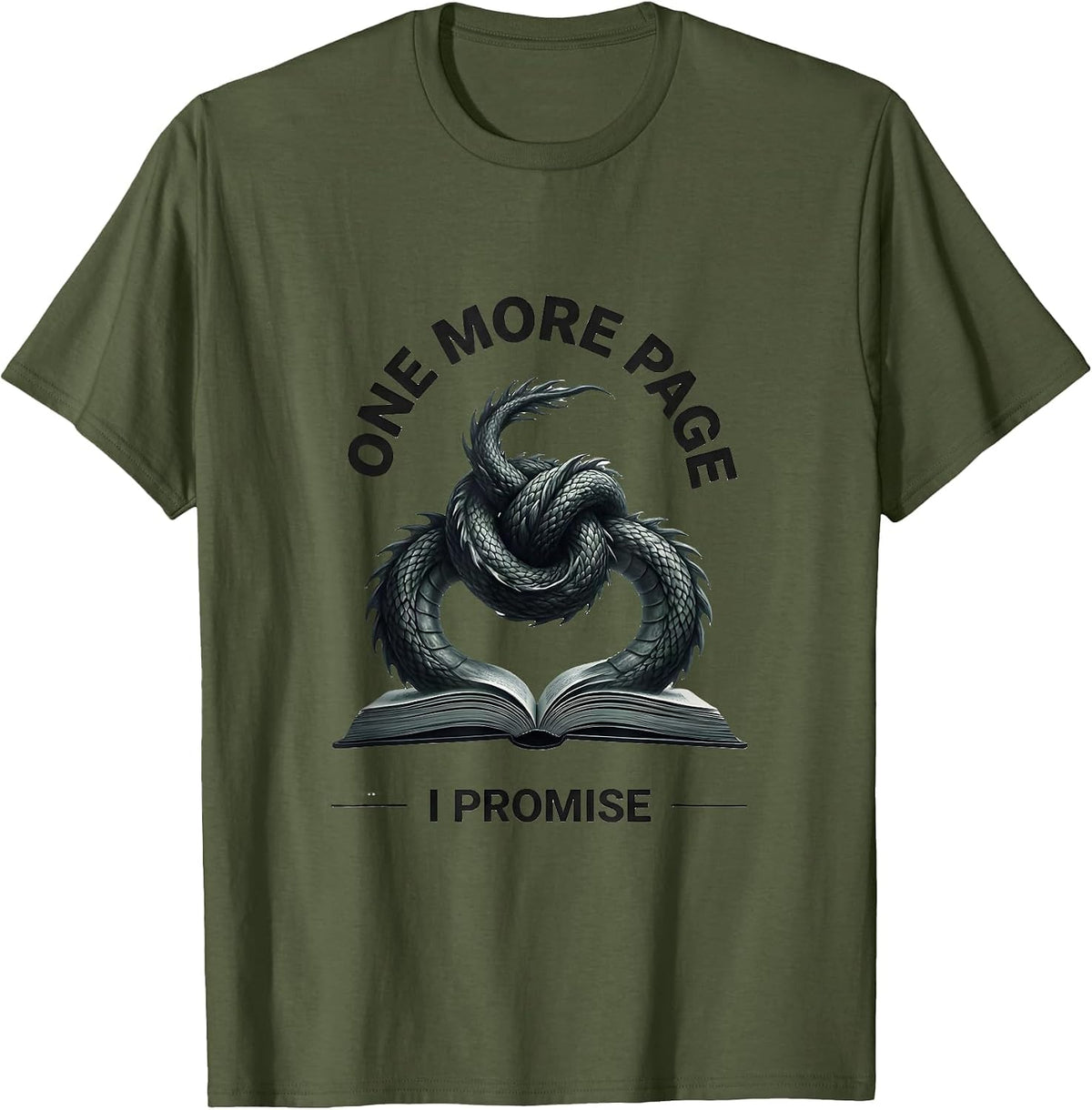 Men's One More Page I Promise Whimsical Fantasy Bookworm Humor T-Shirt - Olive Green