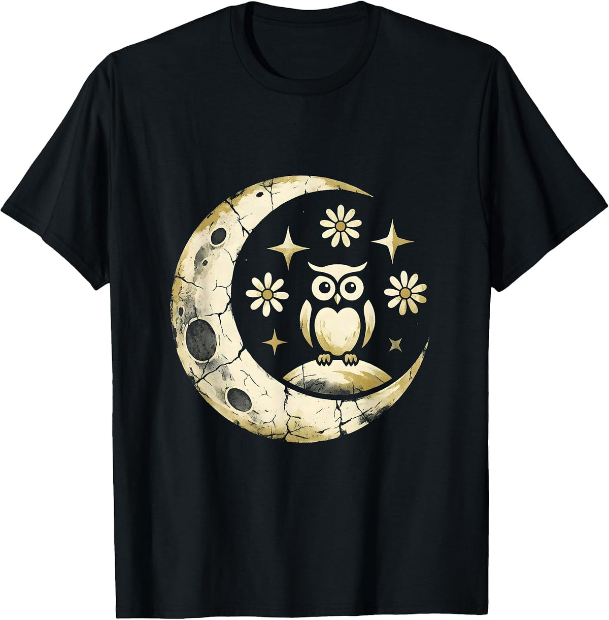 Men's Owl on Observatory Dome Starry Night Illustration T-Shirt - Black