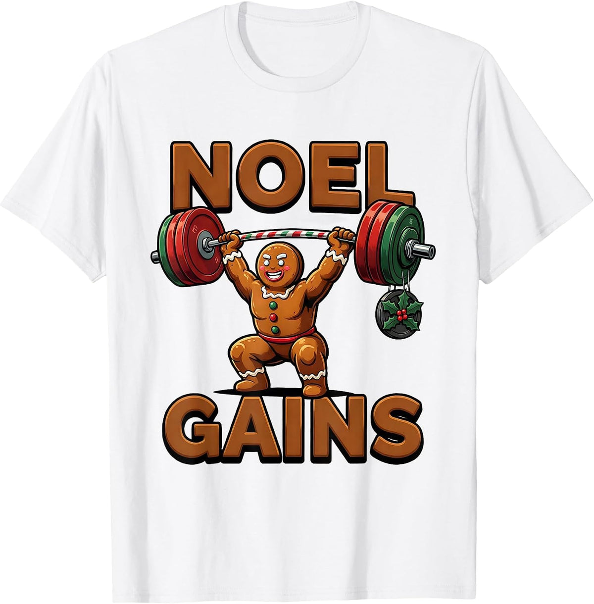Men's Noel Gains Funny Gingerbread Man Gym Weightlifting Christmas T-Shirt - White