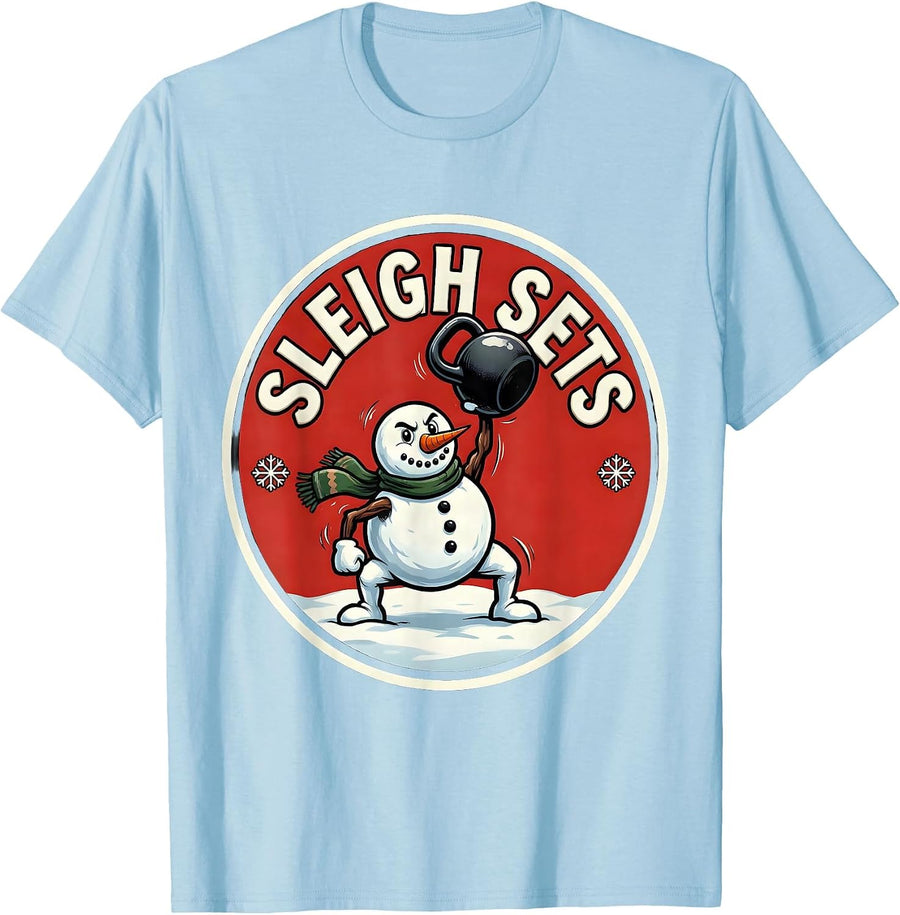 Men's Sleigh Sets Cartoon Christmas Weightlifting Gym Humor T-Shirt - Baby Blue