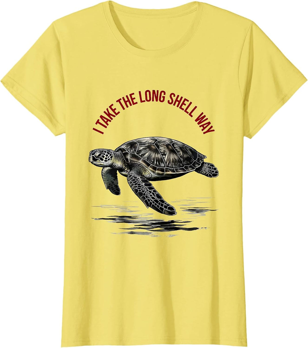 Women's I Take The Long Shell Way Ink Brush Sea Turtle Ocean Animal T-Shirt - Lemon Yellow