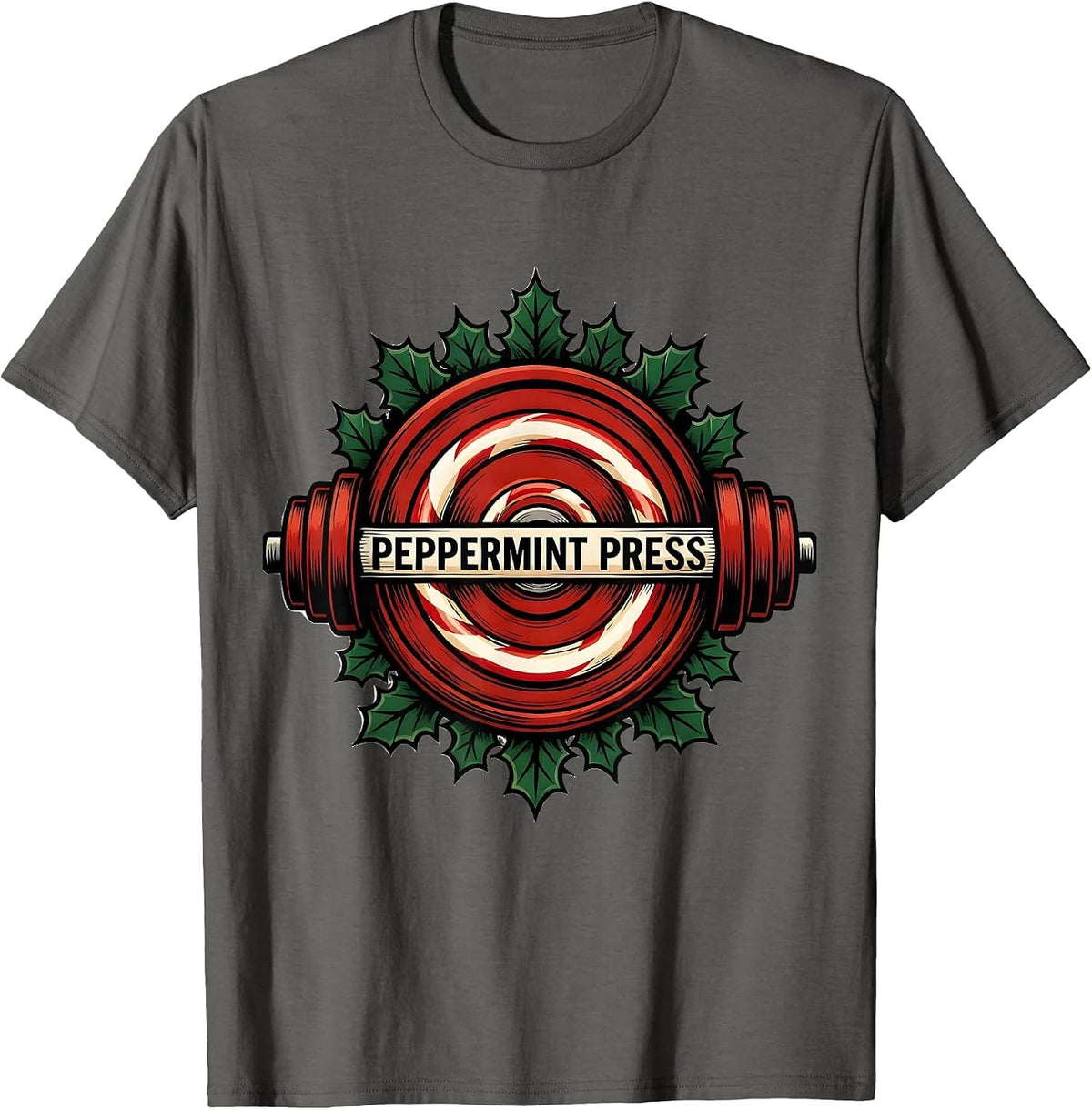Men's Peppermint Press Tattoo Funny Christmas Gym Bodybuilder T-Shirt - Asphalt Grey