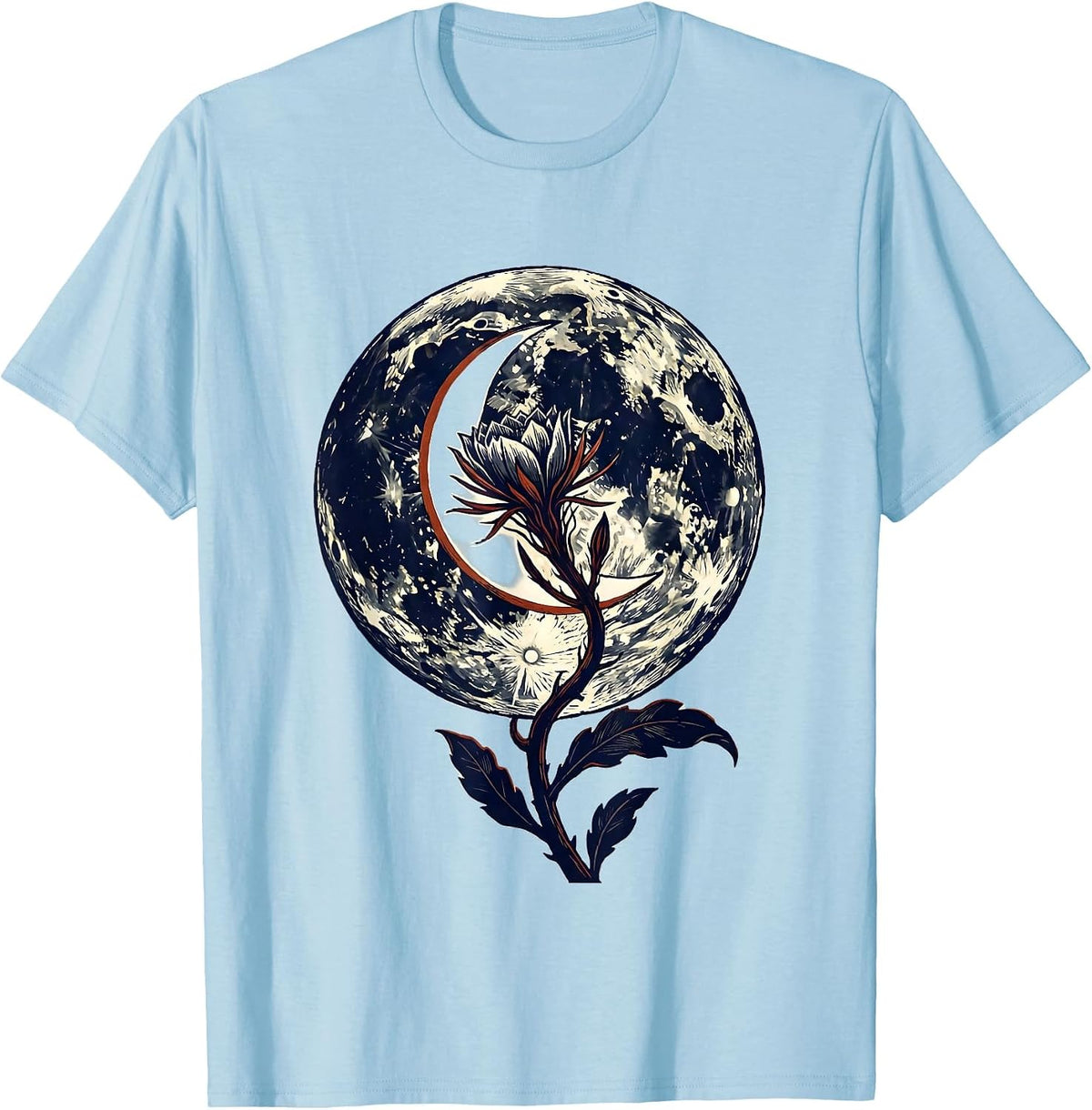 Men's Lunar Crescent Night-Blooming Stem Linocut Boho Celestial T-Shirt - Baby Blue