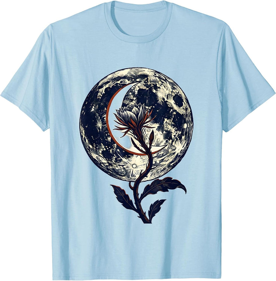 Men's Lunar Crescent Night-Blooming Stem Linocut Boho Celestial T-Shirt - Baby Blue