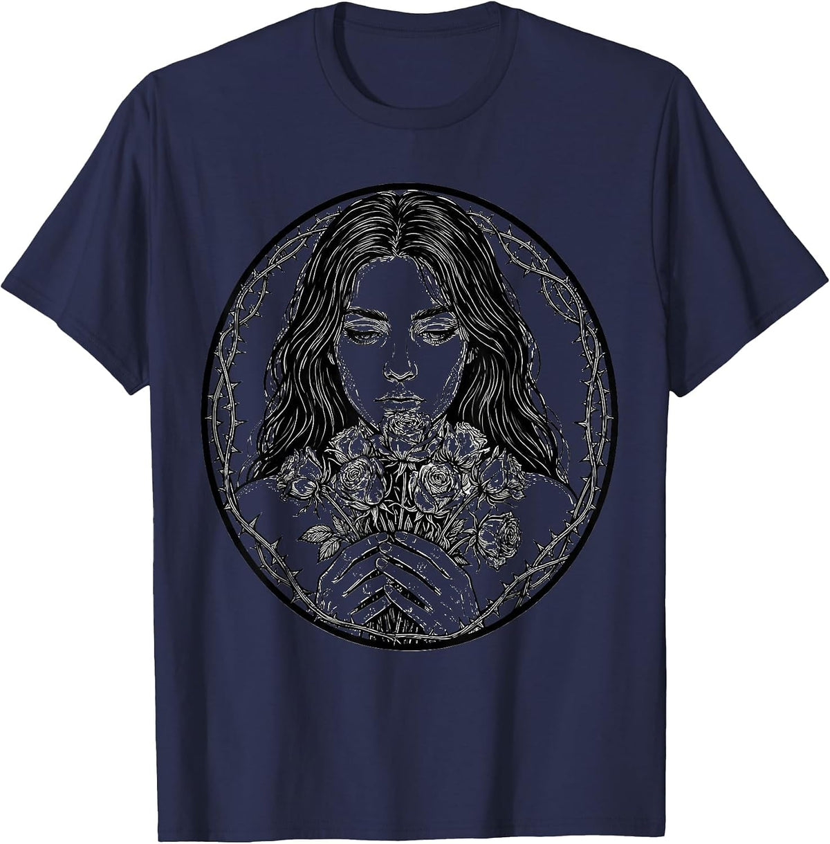 Emo Dark-Haired Figure With Wilting Black Roses T-Shirt - Navy Blue