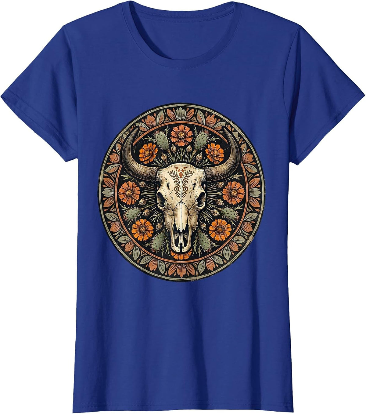 Women's Bull Skull Desert Wildflowers Boho Western Art T-Shirt - Royal Blue