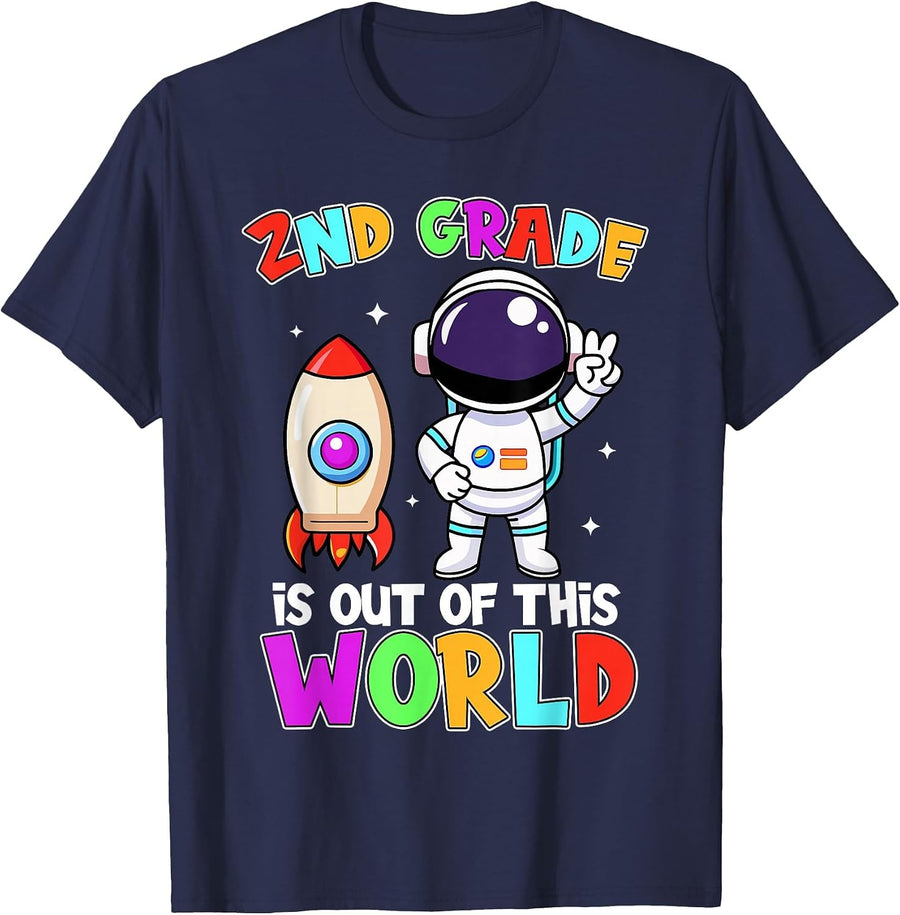2nd Grade is Out of This World Outfit, Astronaut Teacher T-Shirt - Navy Blue