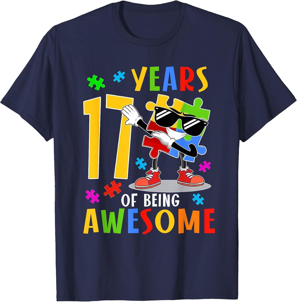 17 Years of Being Awesome Birthday Dabbing Autism Puzzle T-Shirt - Navy Blue