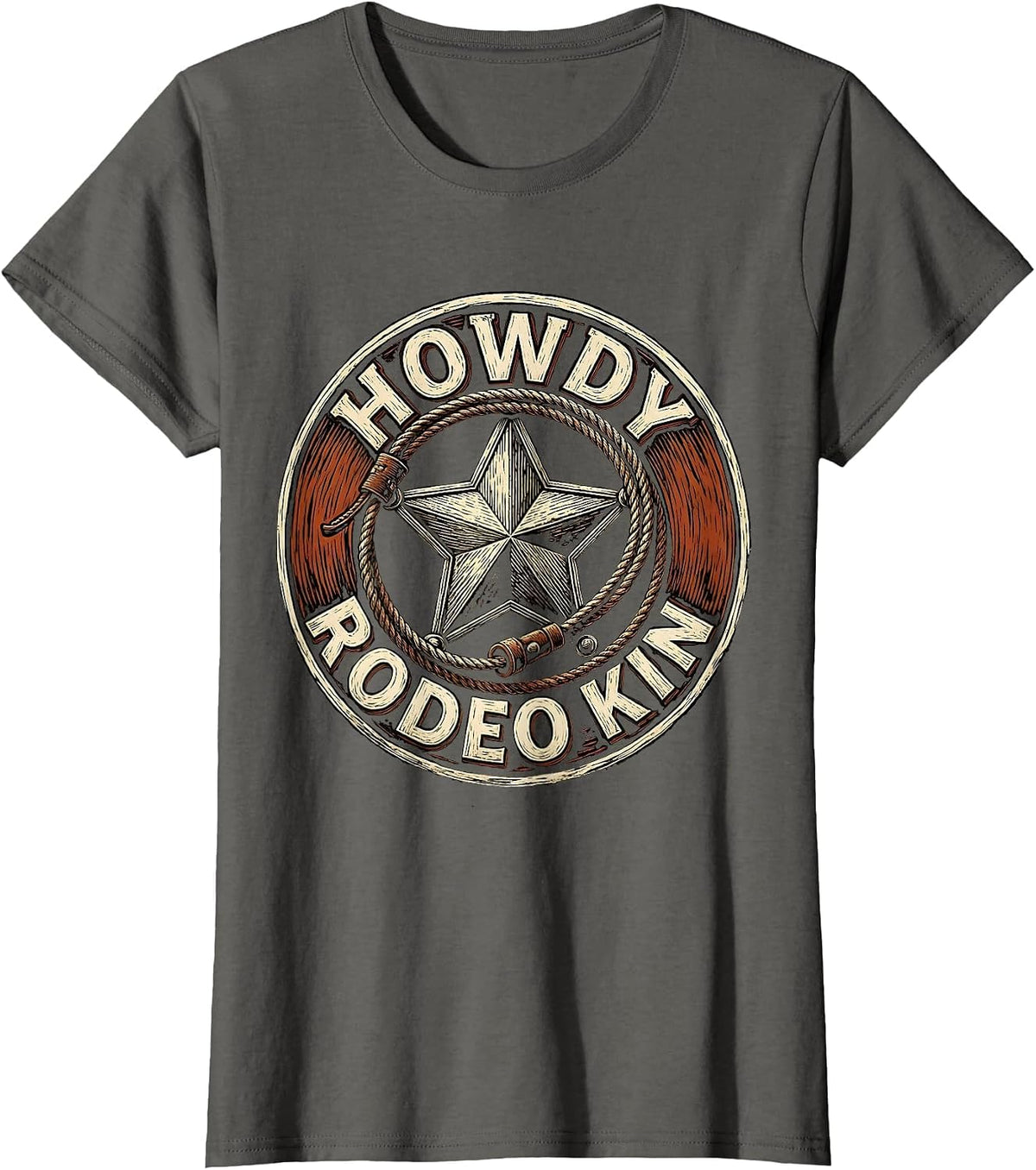 Women's Howdy, Rodeo Kin Western Cowboy Cowgirl Pride Badge T-Shirt - Asphalt Grey