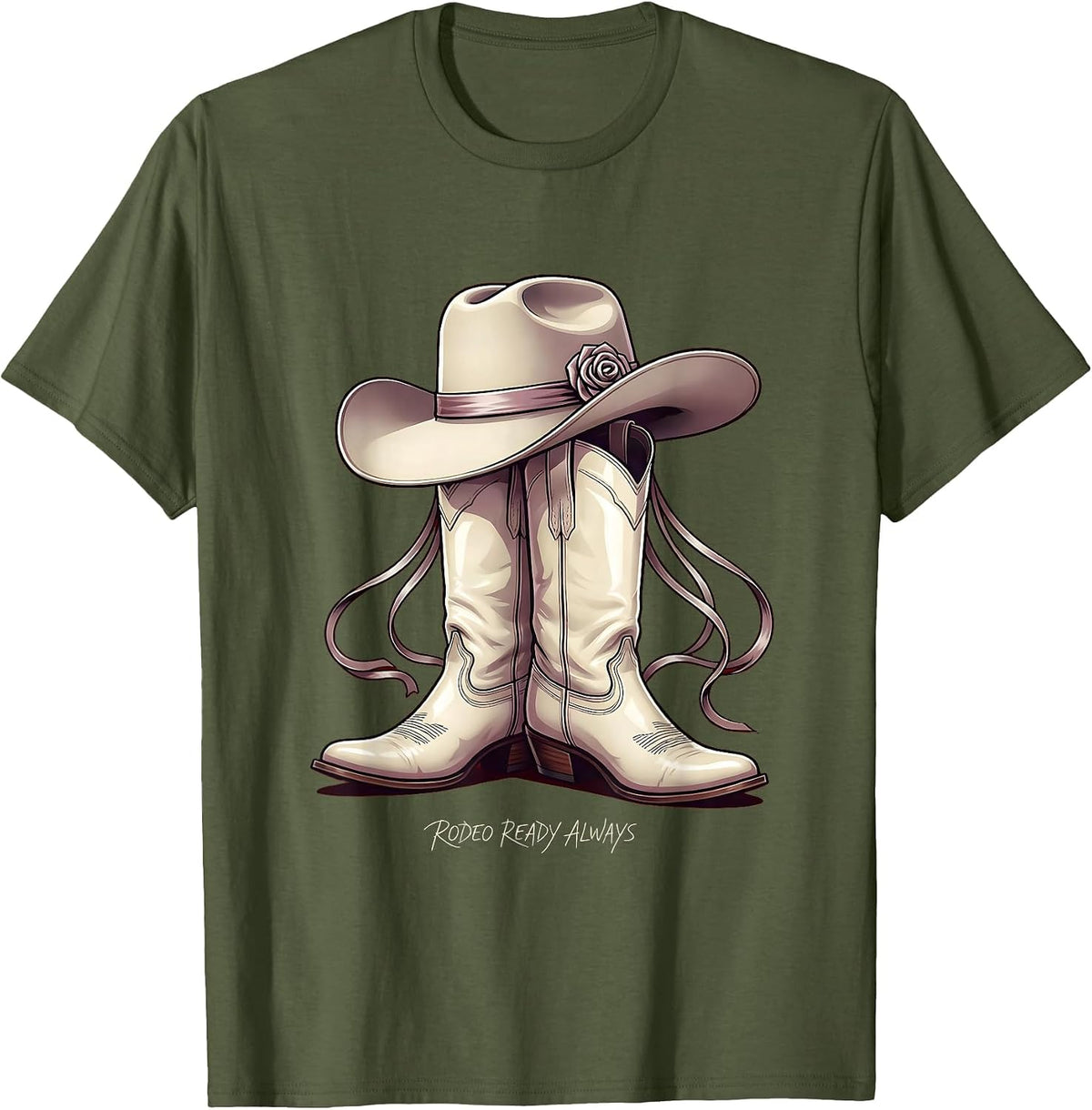 Rodeo Ready Always White Cowgirl Design T-Shirt - Olive Green