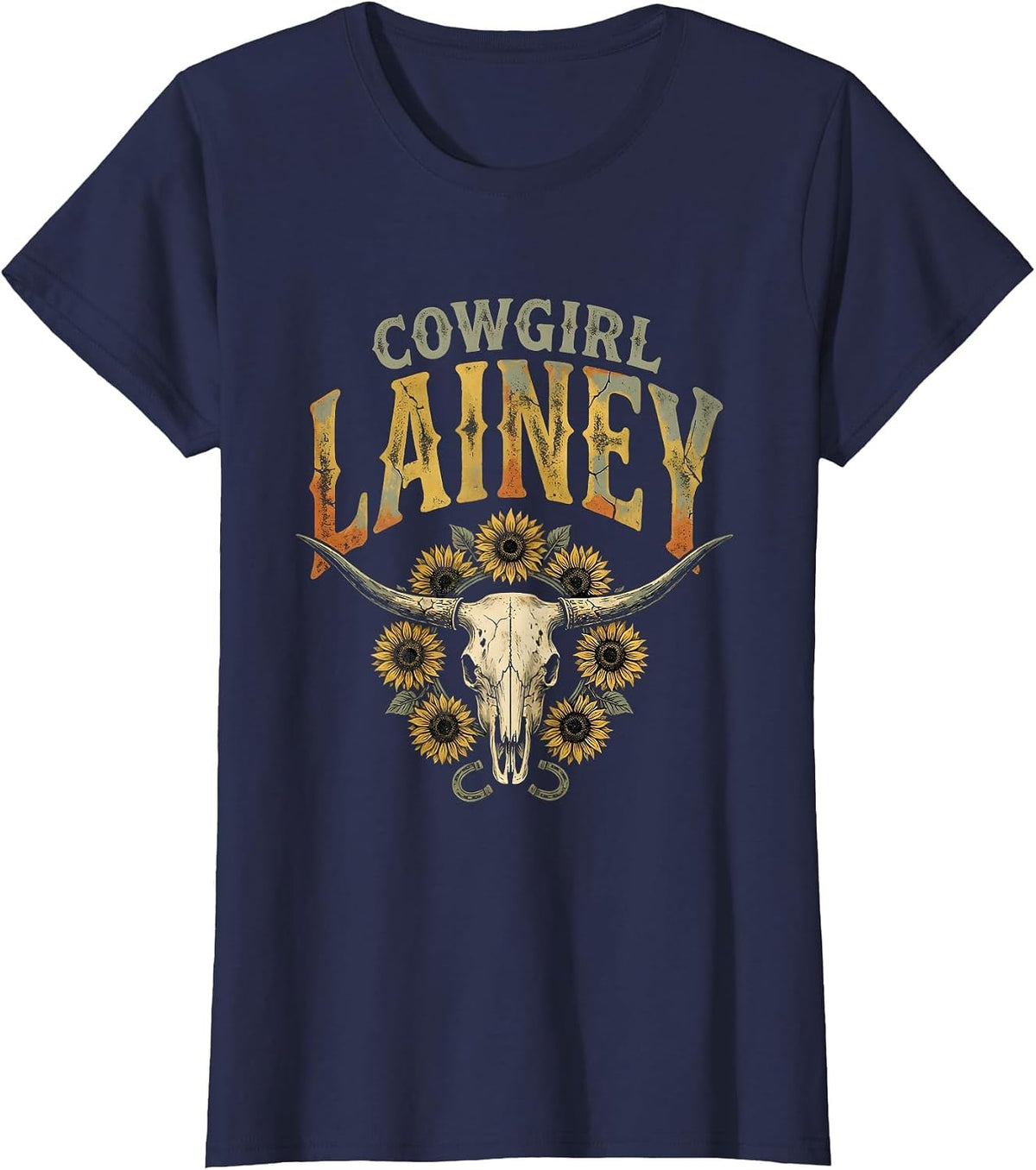 Women's Cowgirl Lainey Boho Folk Floral Western Cowgirl Personalized T-Shirt - Navy Blue