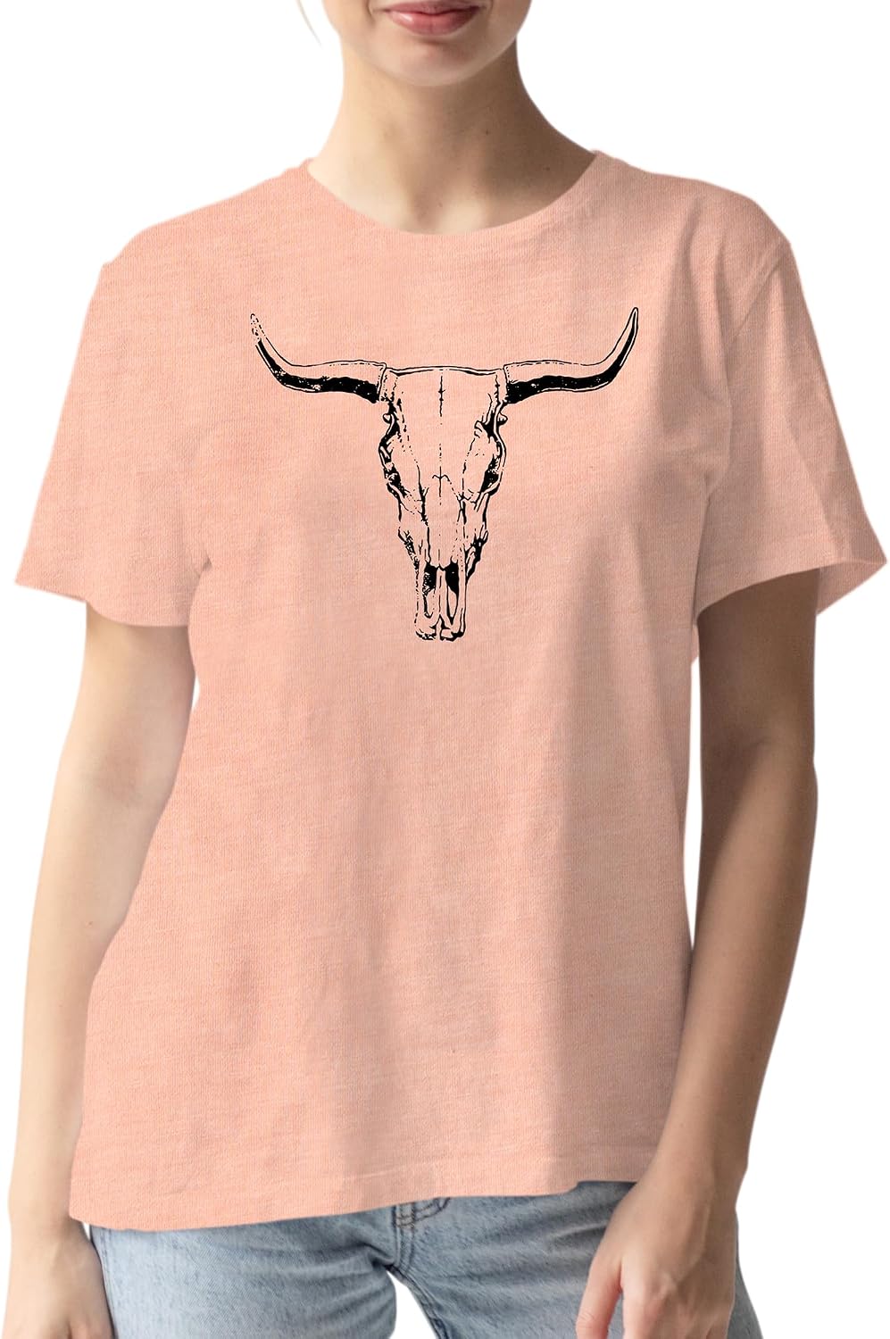 Casual Graphic Tee for Men & Women, Crew Neck - Short Sleeve - Summer Streetwear Merch - Cow Skull - Heather Peach