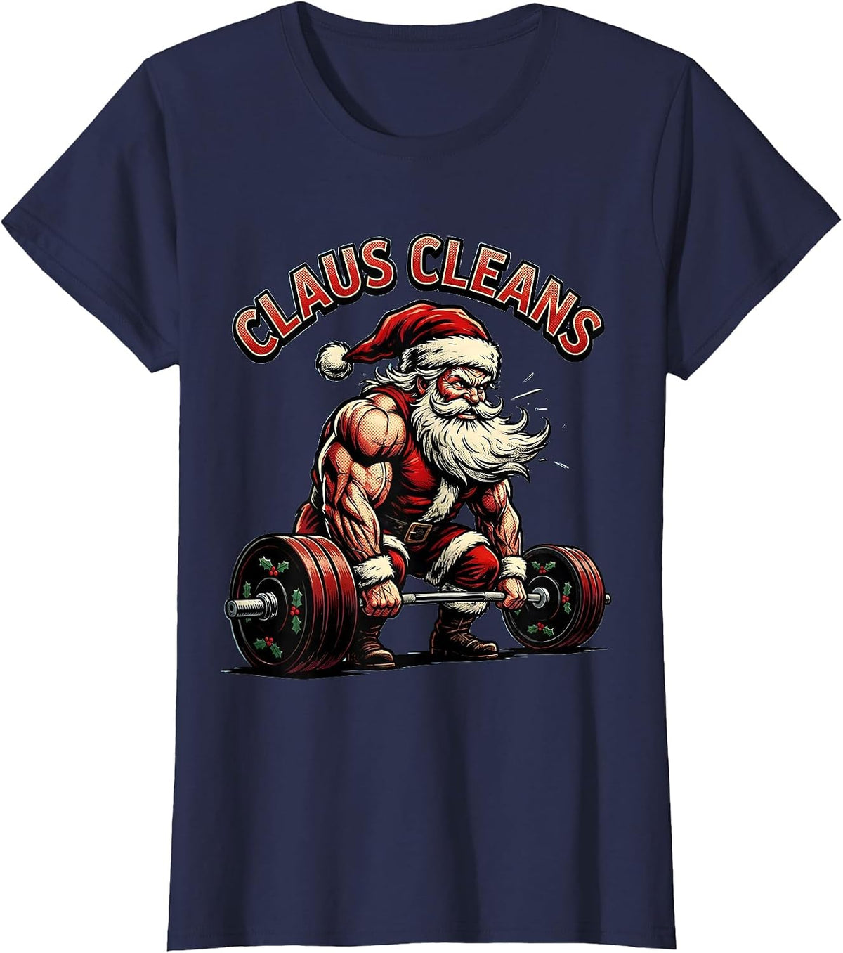 Women's Claus Cleans Pop Art Funny Santa Bodybuilder Gym Workout T-Shirt - Navy Blue