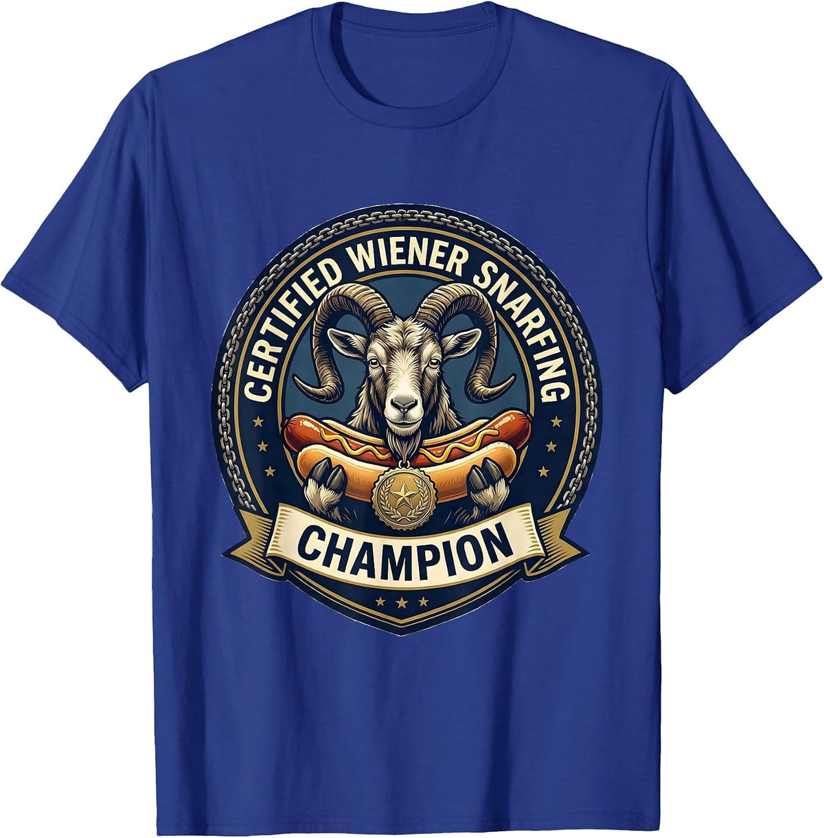 Men's Certified Wiener Snarfing Champion Funny Goat Offensive T-Shirt - Royal Blue