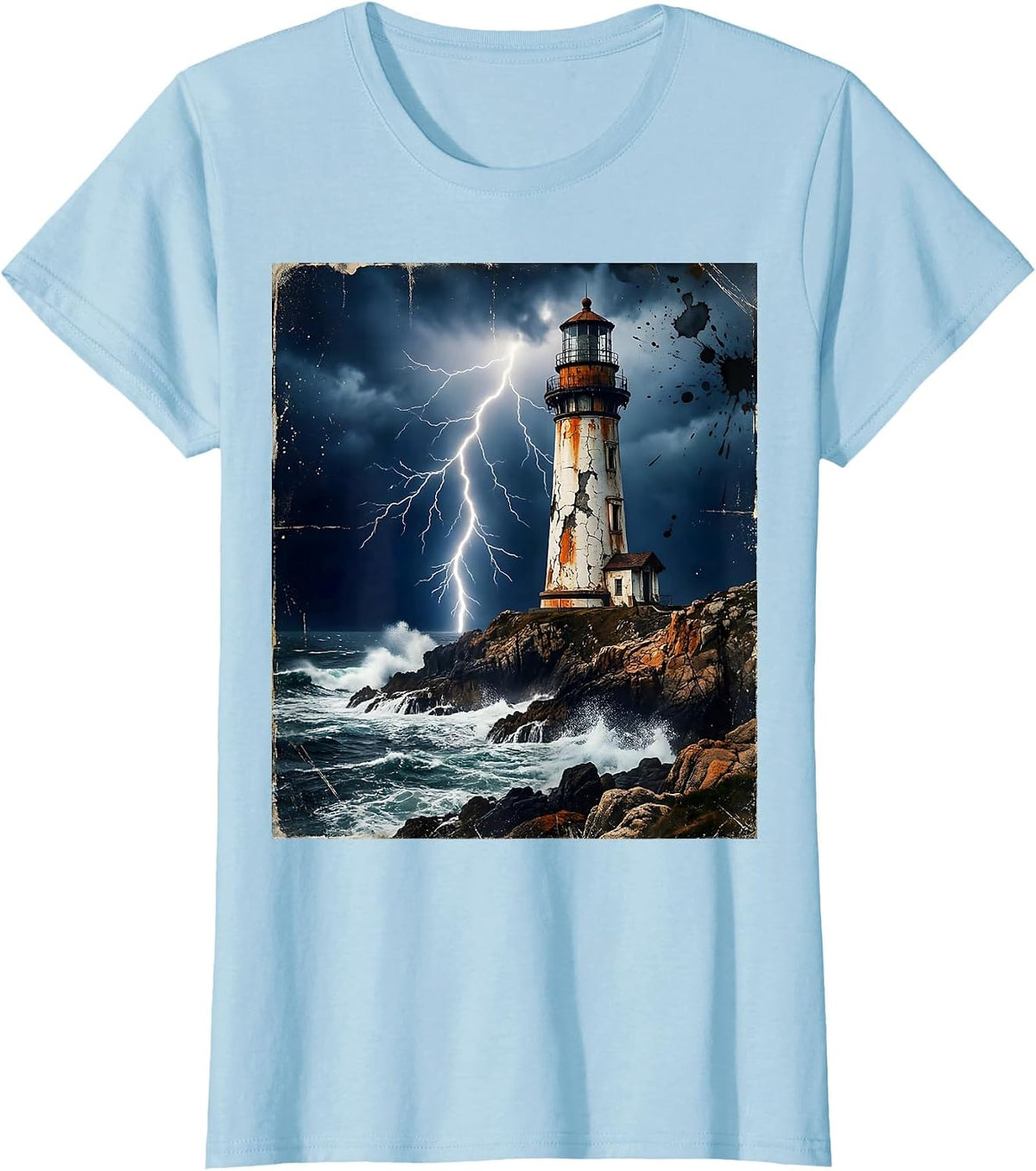 Women's Gulf of America Lighthouse Lightning Storm Art T-Shirt - Baby Blue