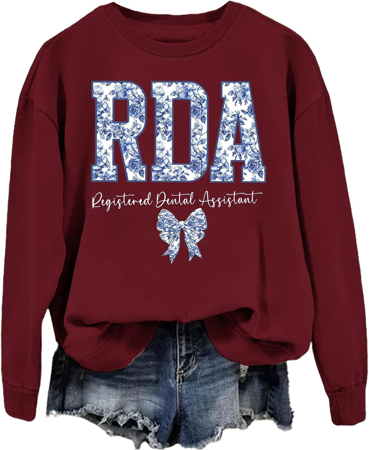 SAUIVD RDA Registered Dental Assistant Sweatshirt for Women Flower Dental Shirt Dentist Gifts Long Sleeve Pullover Tops - Red