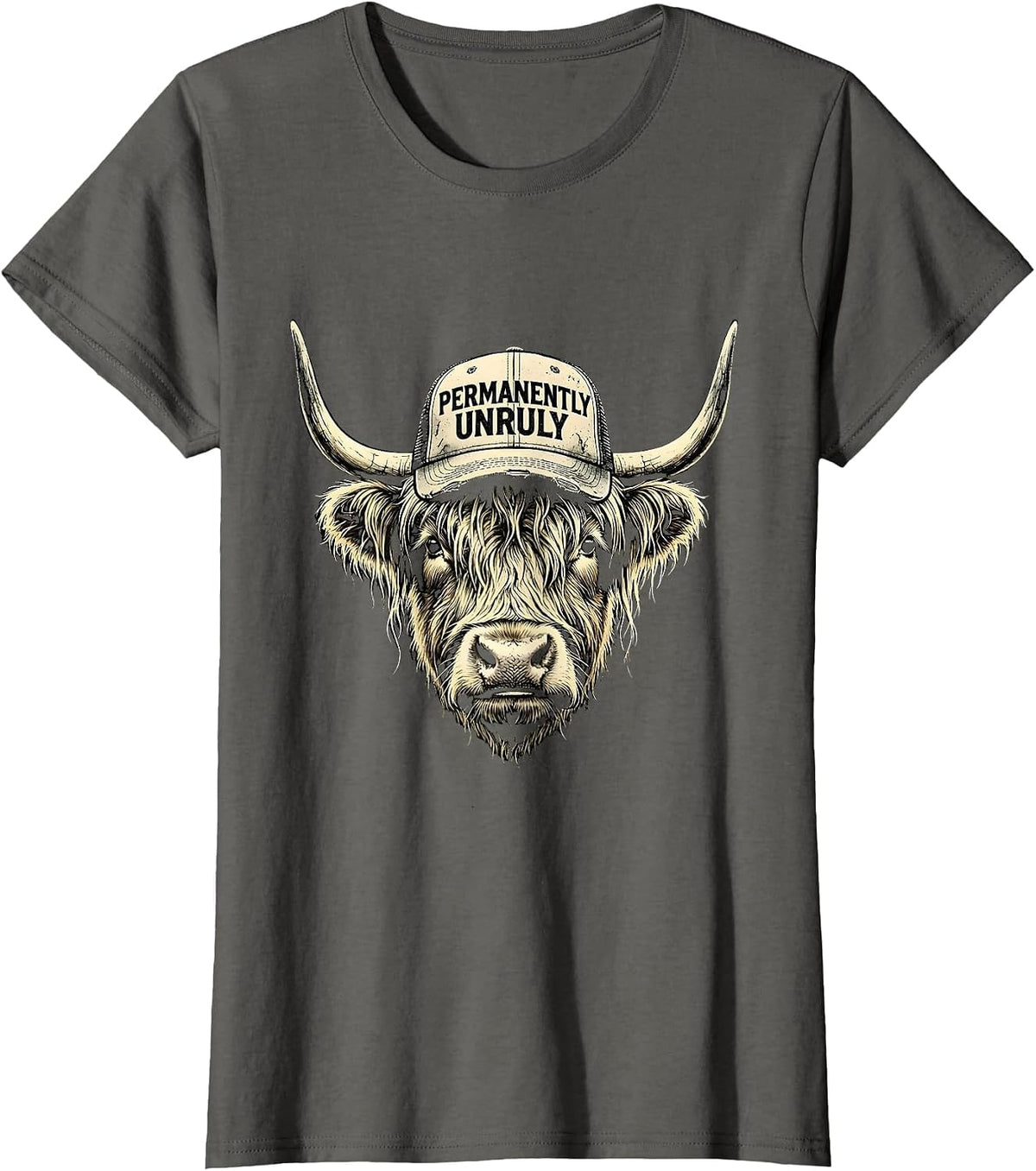 Women's Permanently Unruly Boho Western Highland Cow Humor T-Shirt - Asphalt Grey