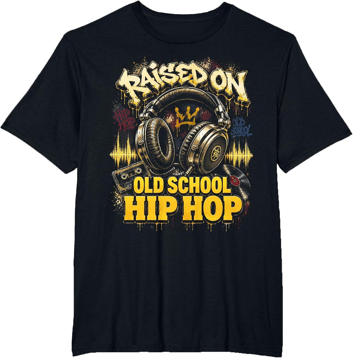 Raised On Old School Hip Hop Cassette Graffiti Rap T-Shirt, Men's Big and Tall, Black, 5X Tall - As Pictured