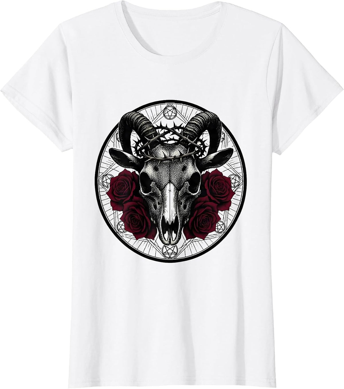 Goat Skull Crowned With Thorns and Roses Graphic T-Shirt - White