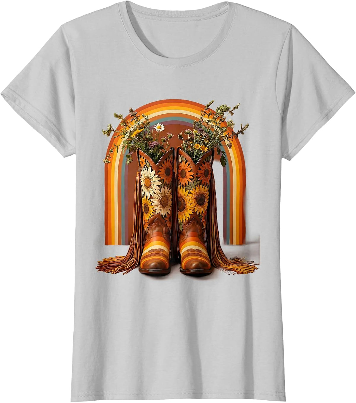 Women's Cowgirl Boots Wildflowers and Fringe Western Design T-Shirt - Silver Grey