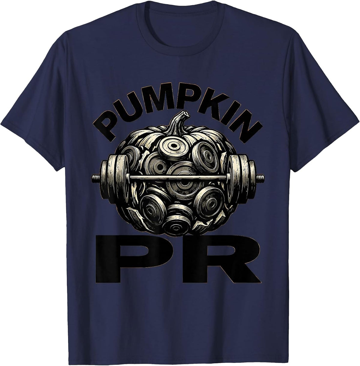 Pumpkin PR Brutalist Graphic Halloween Gym Workout Pun Funny T-Shirt - Navy Blue