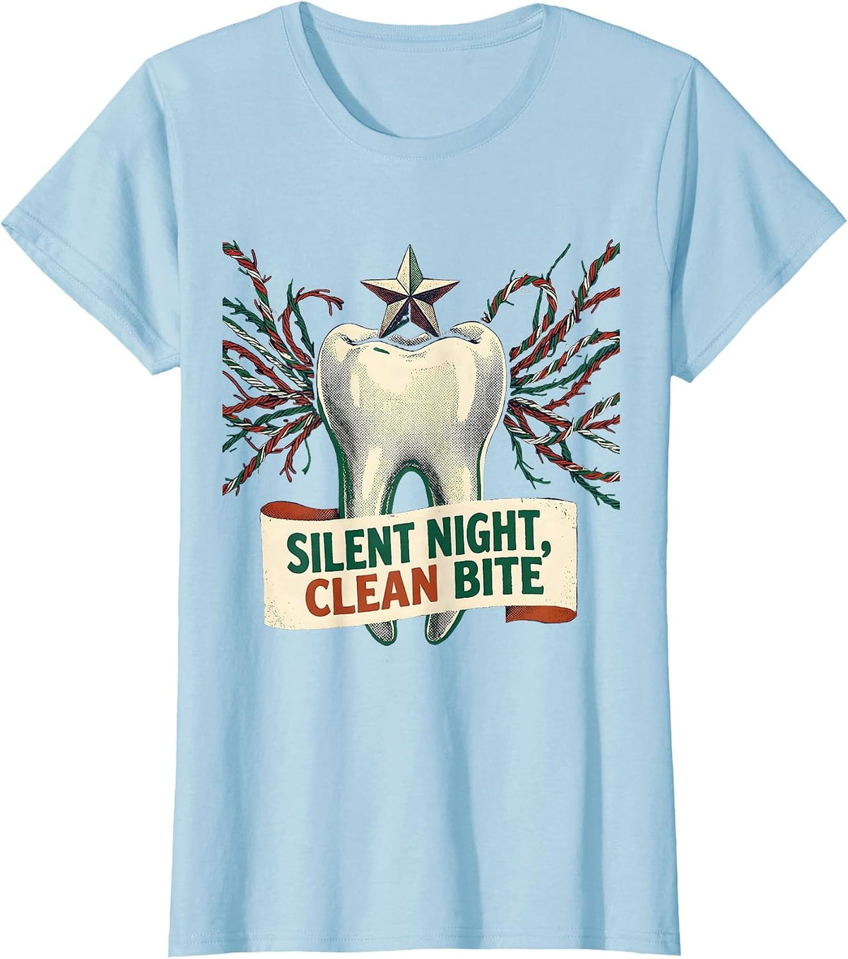 Silent Night, Clean Bite Vintage Dental Christmas Dentist T-Shirt - Baby Blue