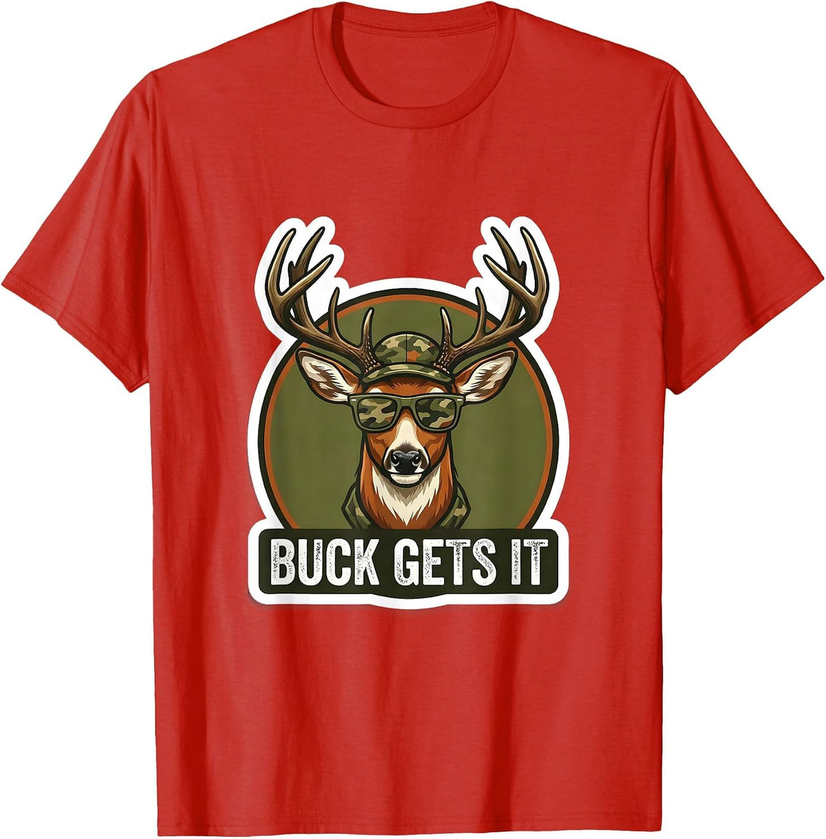 Men's Buck Gets It Funny Deer Hunting Camo Outdoor Humor T-Shirt - Red