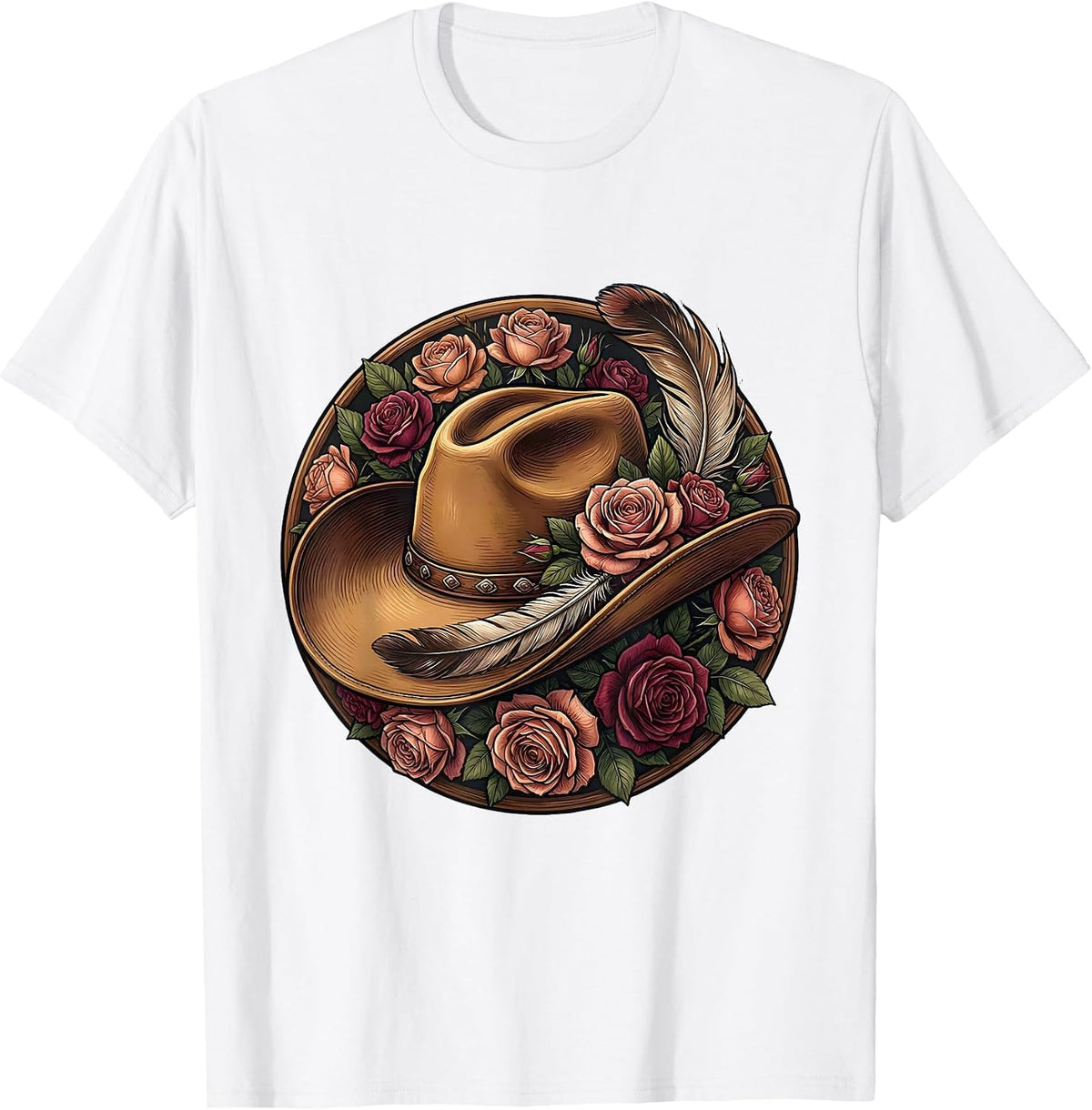 Men's Cowgirl Hat Feather and Roses Rodeo Design T-Shirt - White