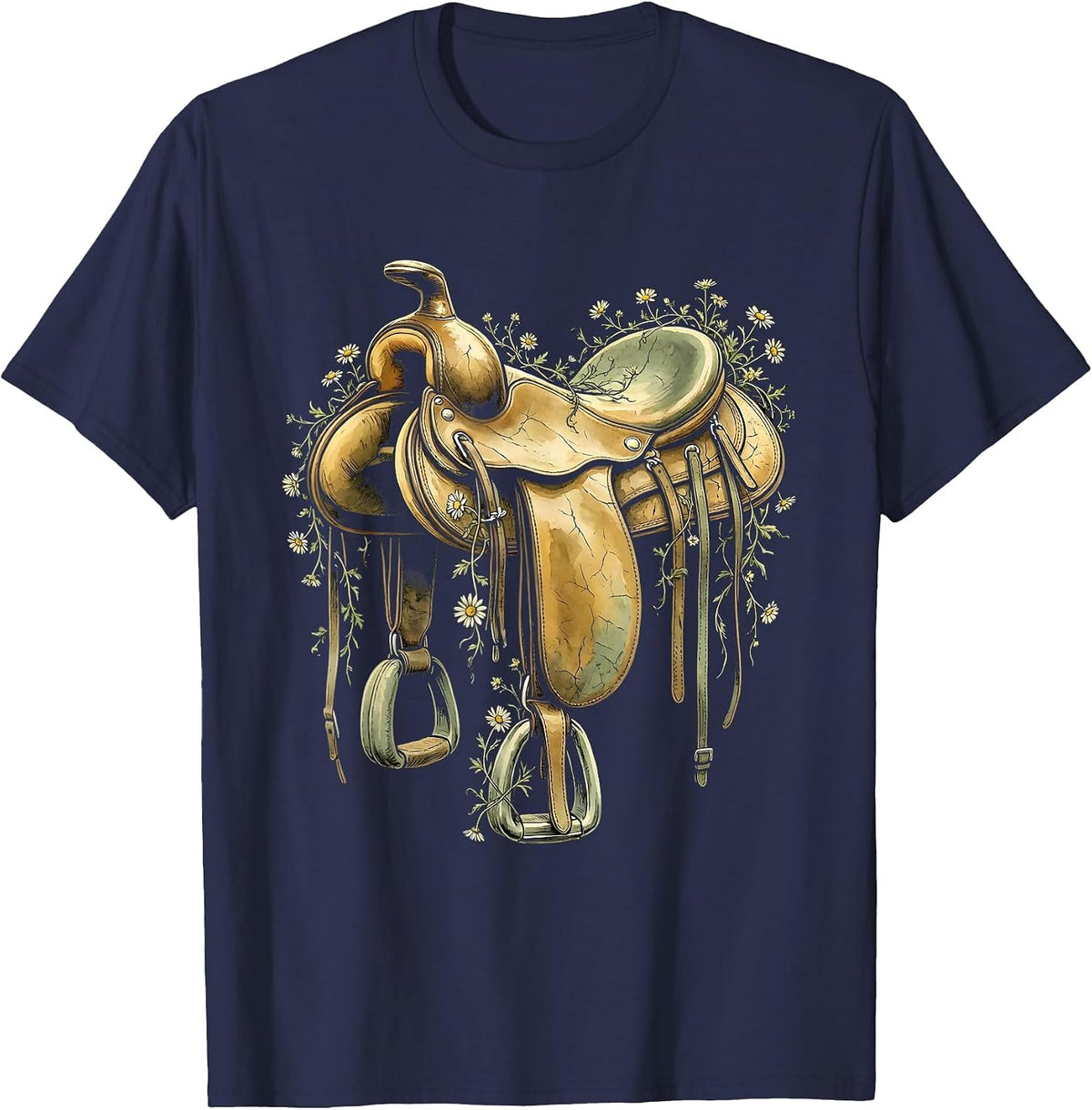 Western Saddle Wildflower Vines Floral Boho Design T-Shirt - Navy Blue