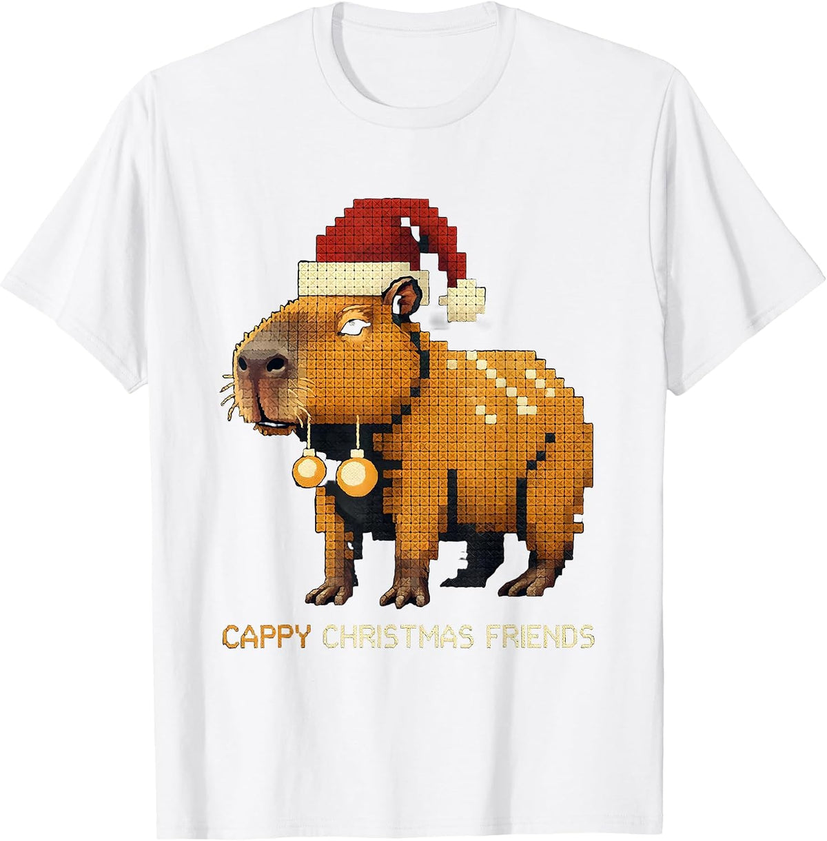 Cappy Christmas Friends Cross Stitch Sampler Capybara Santa T-Shirt - White