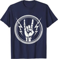 Vintage Rock Devil Horns Hand Gesture Graphic T-Shirt - Navy Blue