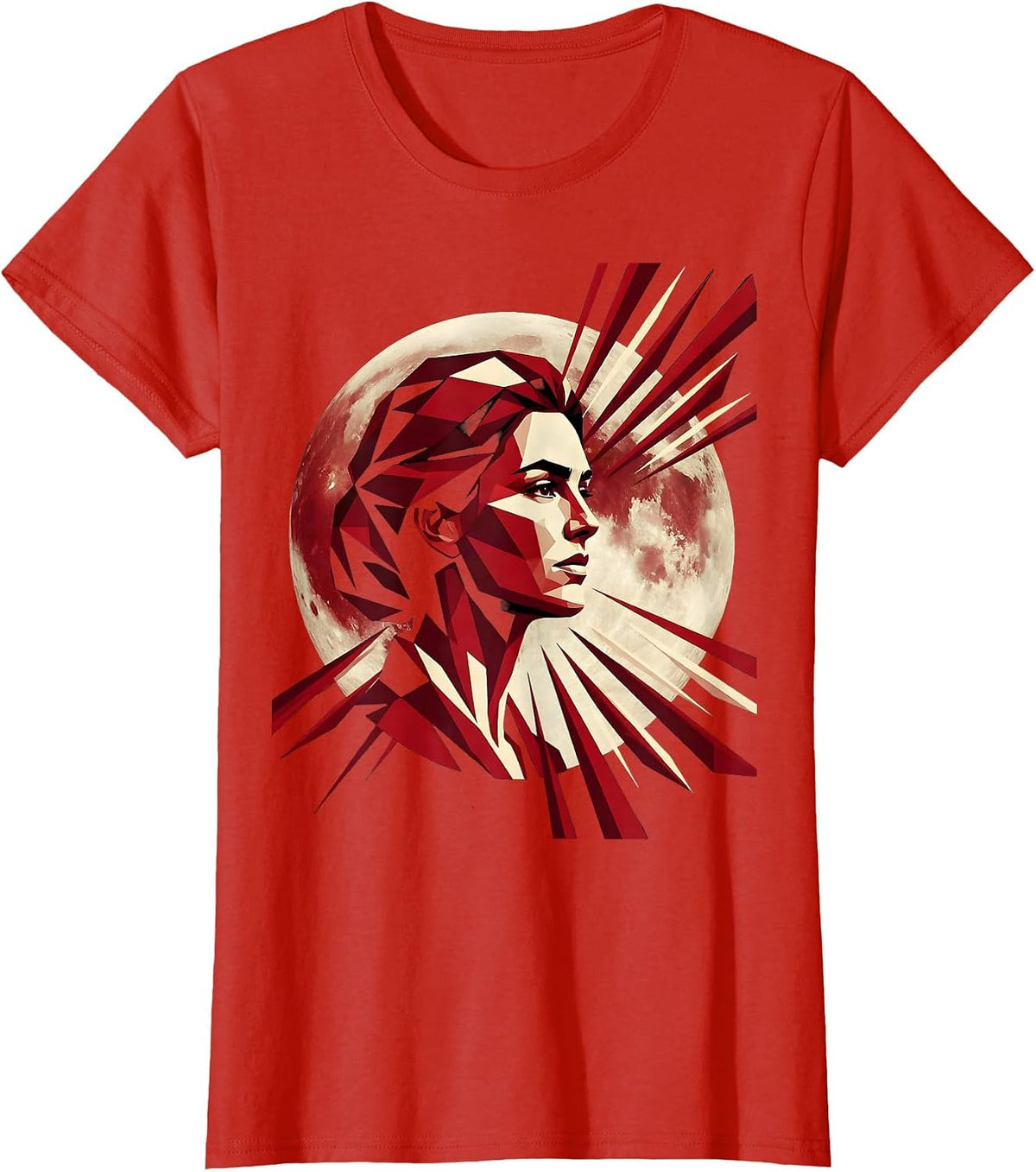 Women's Full Moon Woman Face Celestial Freedom Design T-Shirt - Red