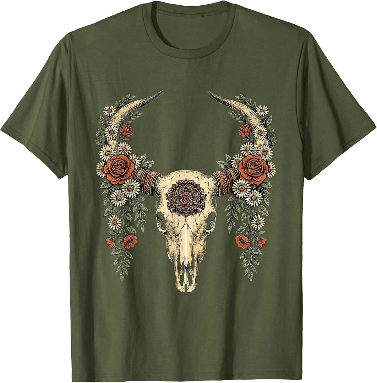 Floral Longhorn Skull Western Boho Graphic T-Shirt - Olive Green