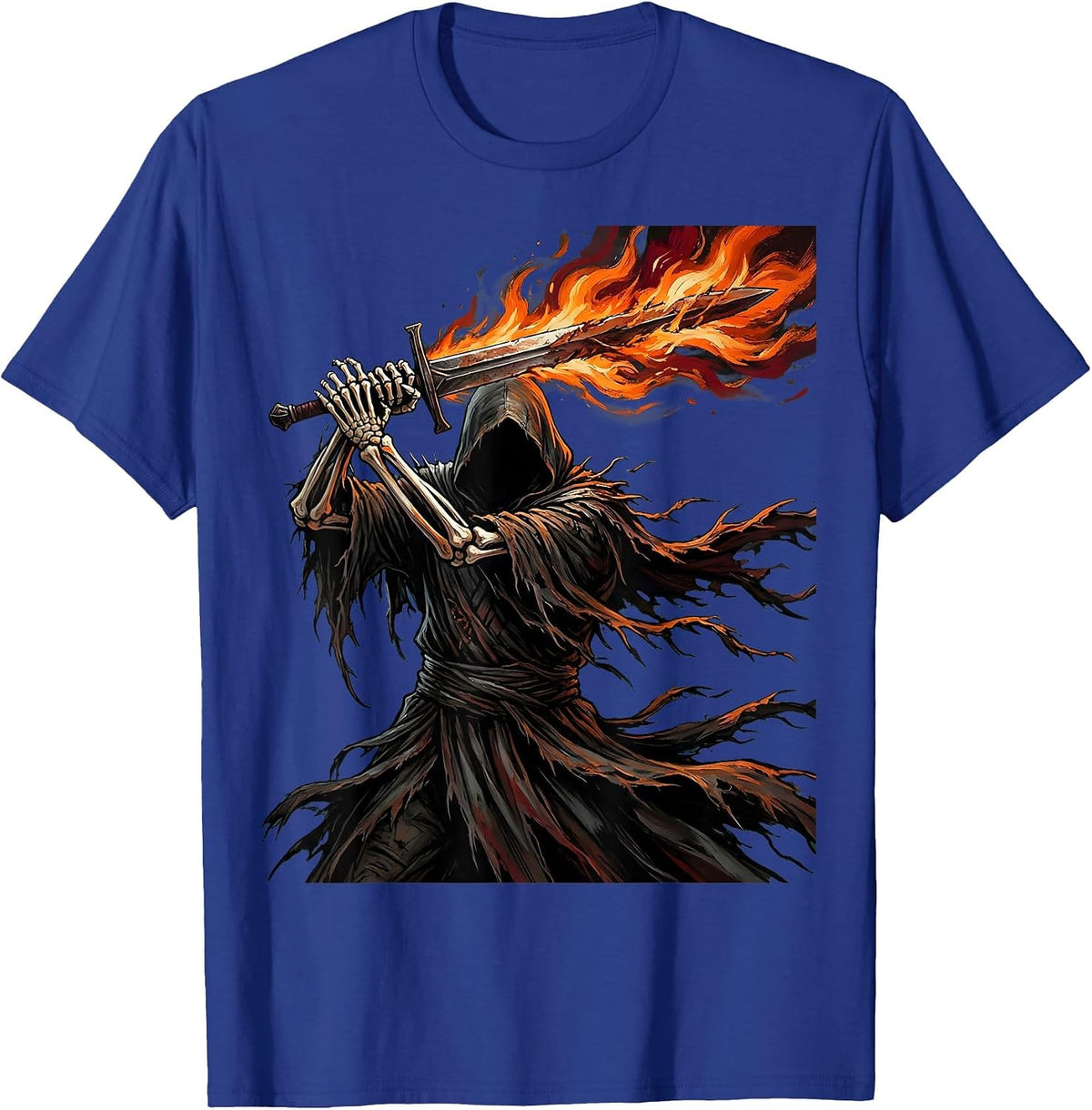 Men's Hooded Figure Flaming Sword Dark Metal Graphic T-Shirt - Royal Blue