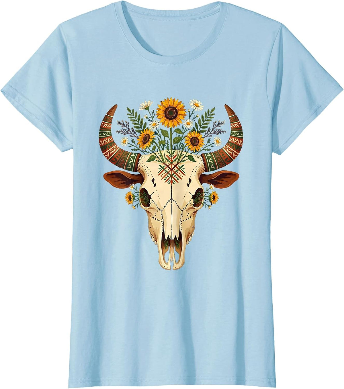 Cow Skull Wildflowers Western Floral Nature Art T-Shirt - Baby Blue