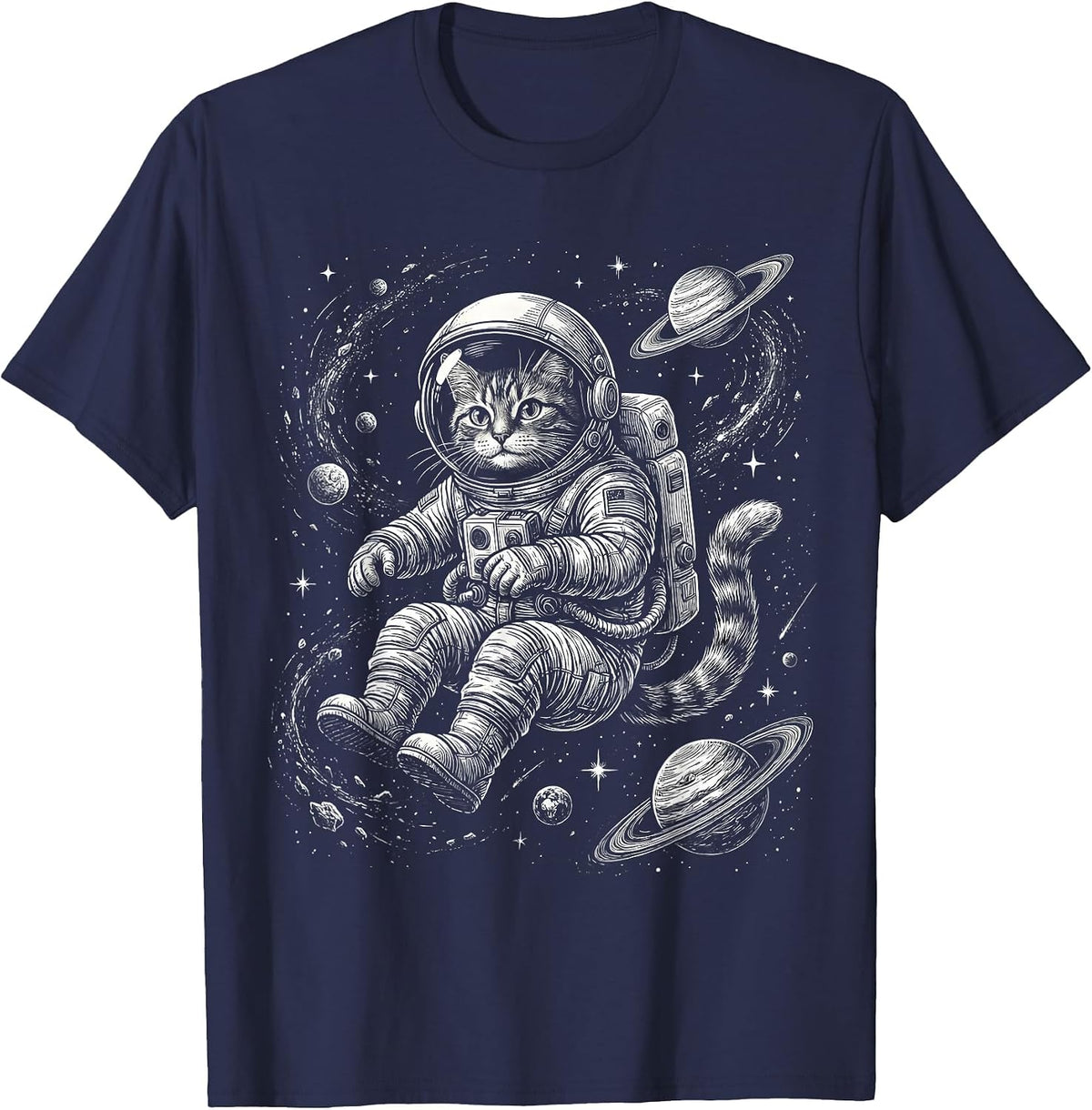 Men's Cat Astronaut Floating in Deep Space Illustration T-Shirt - Navy Blue