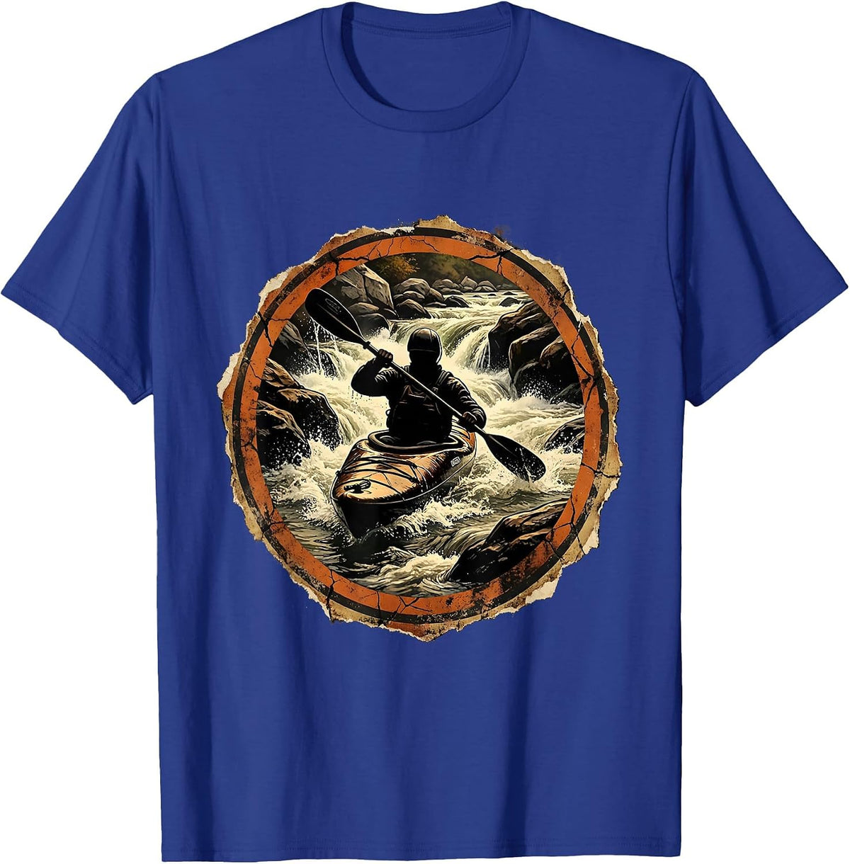 Kayaker Paddling Through Rocky River Rapids T-Shirt - Royal Blue