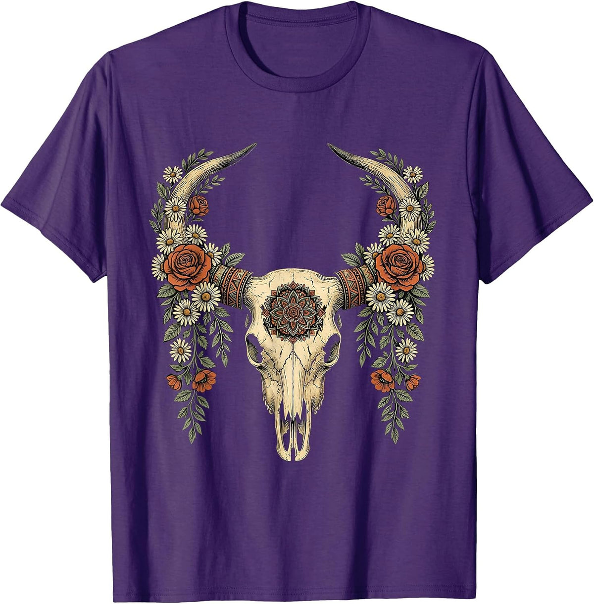 Floral Longhorn Skull Western Boho Graphic T-Shirt - Purple