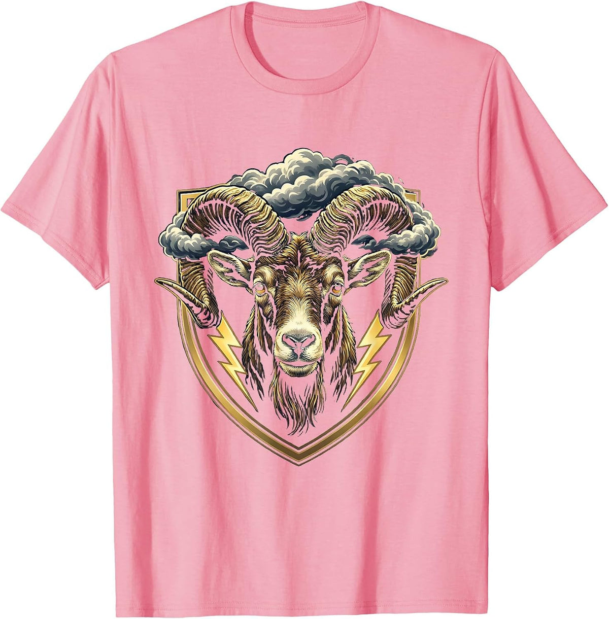 Billy Goat Storm Clouds Swirling Horns Illustration T-Shirt - Pink