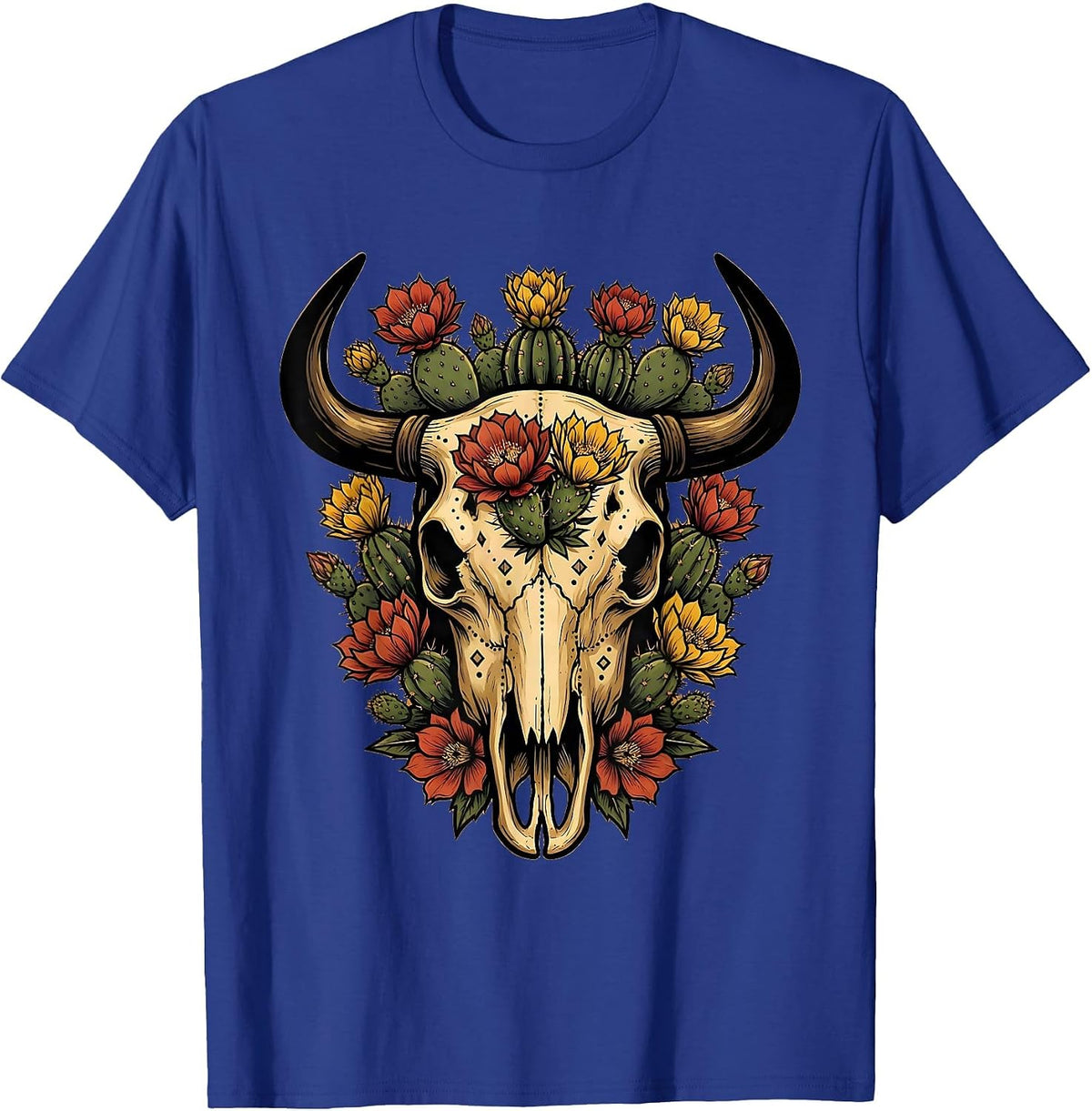 Men's Bull Skull Desert Flowers Western Boho Graphic Tee T-Shirt - Royal Blue