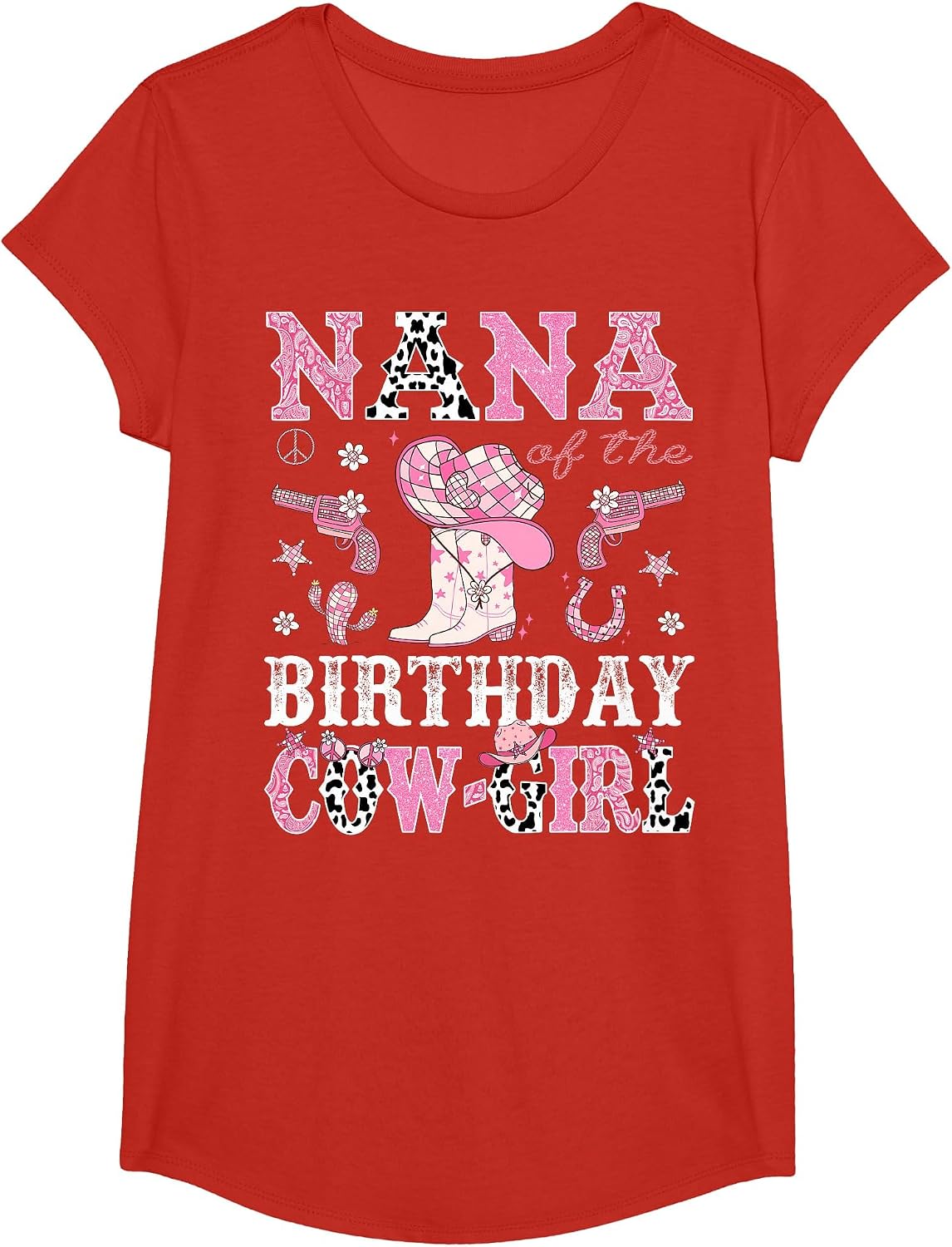 Nana of The Birthday Cowgirl Pink Disco Rodeo Western T-Shirt - Girls Red