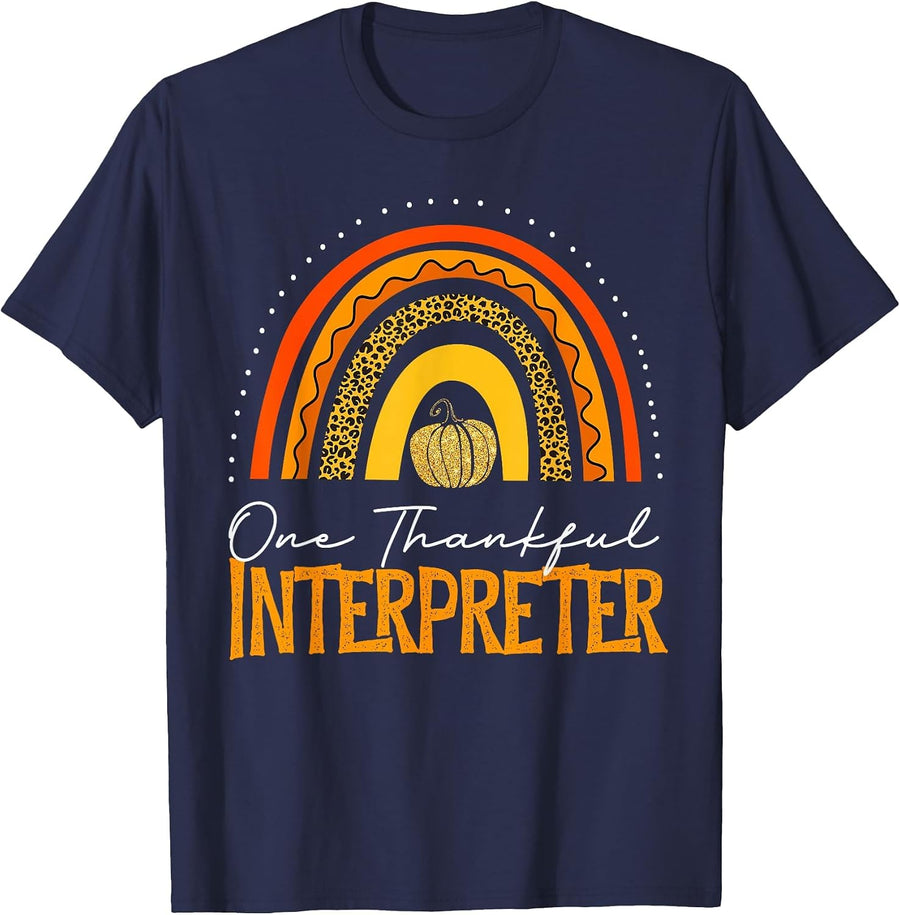 Thanksgiving Leopard One Thankful Interpreter Funny Rainbow T-Shirt - Navy Blue