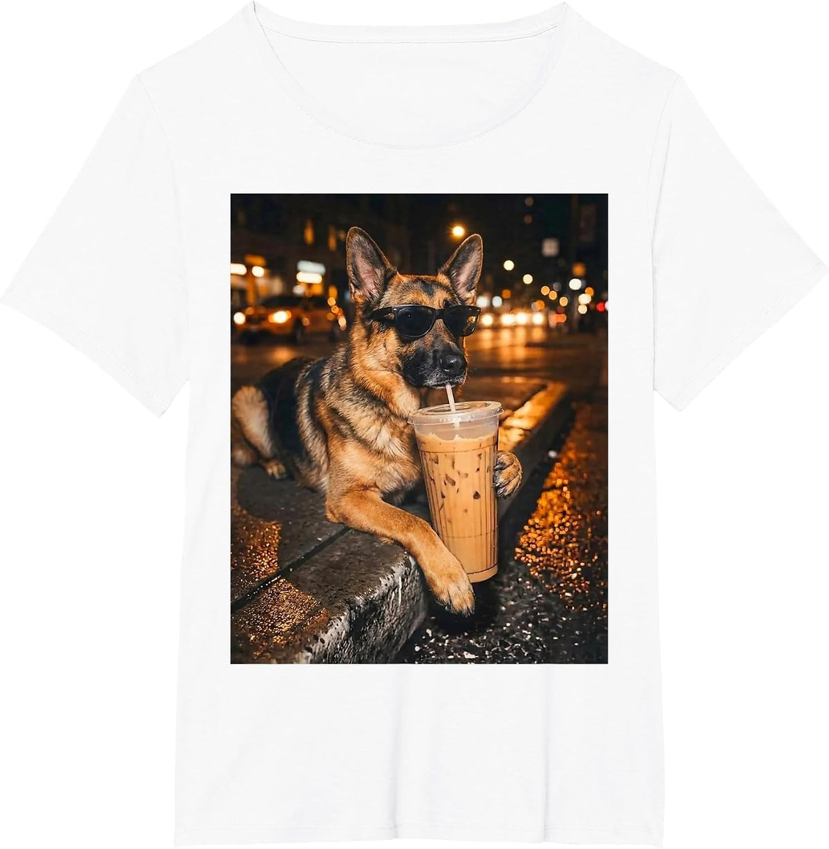German Shepherd Drinking Iced Coffee Funny Dog Lover Meme T-Shirt - White