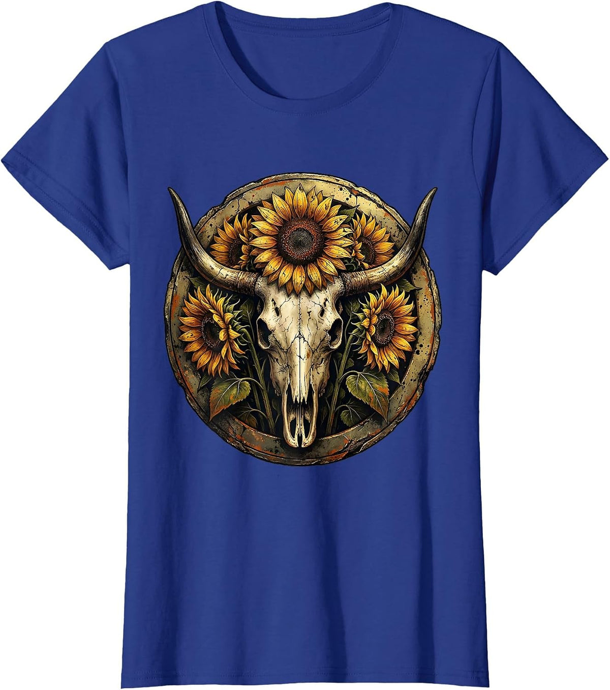 Women's Sunflower Cow Skull Western Boho Graphic T-Shirt - Royal Blue