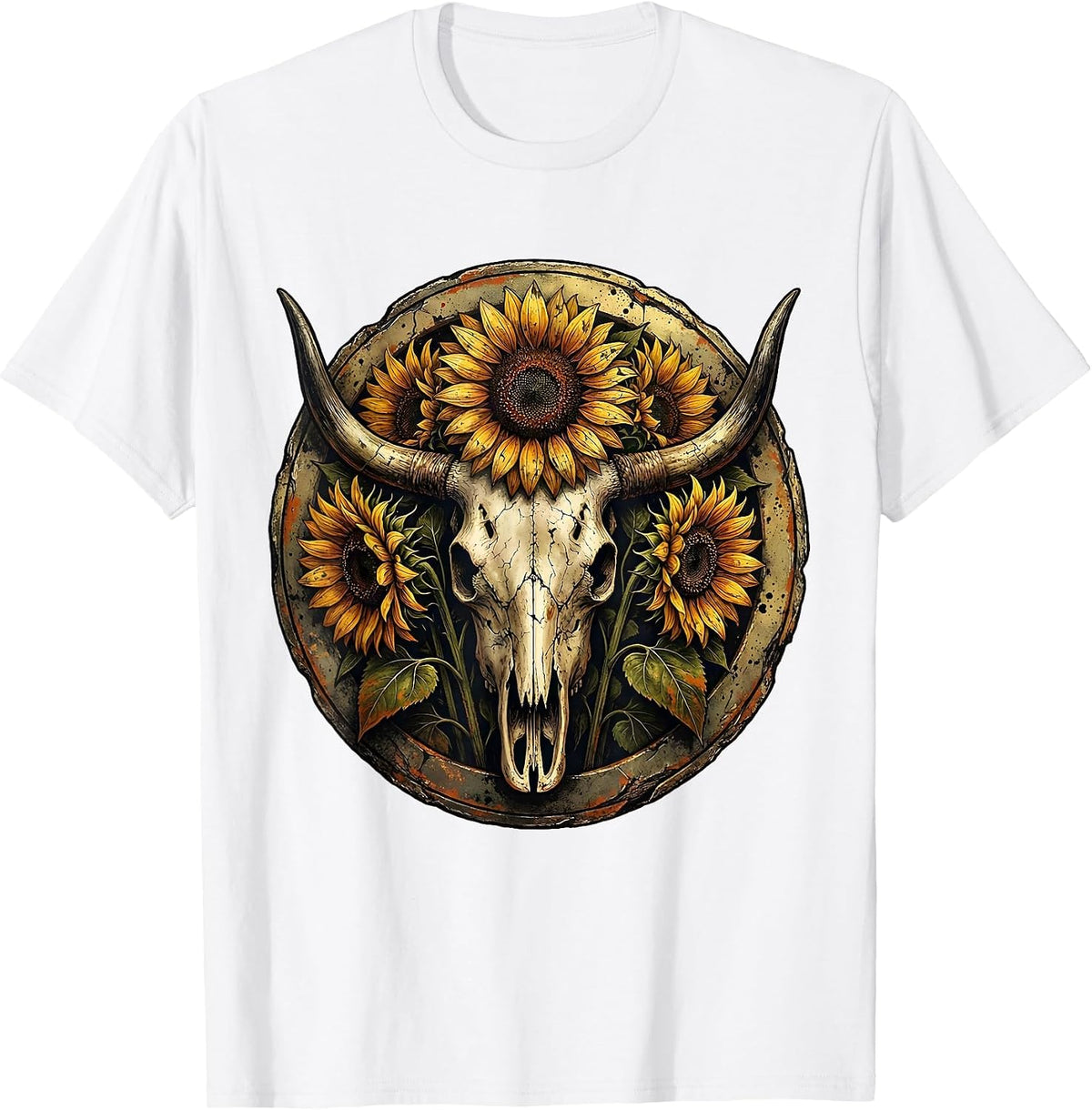 Men's Sunflower Cow Skull Western Boho Graphic T-Shirt - White