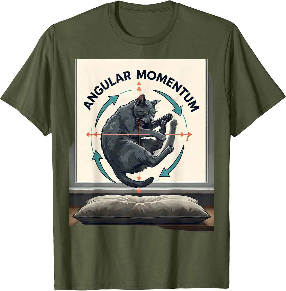 Men's Angular Momentum Funny Cat Physics Humor Design Cat Owner T-Shirt - Olive Green