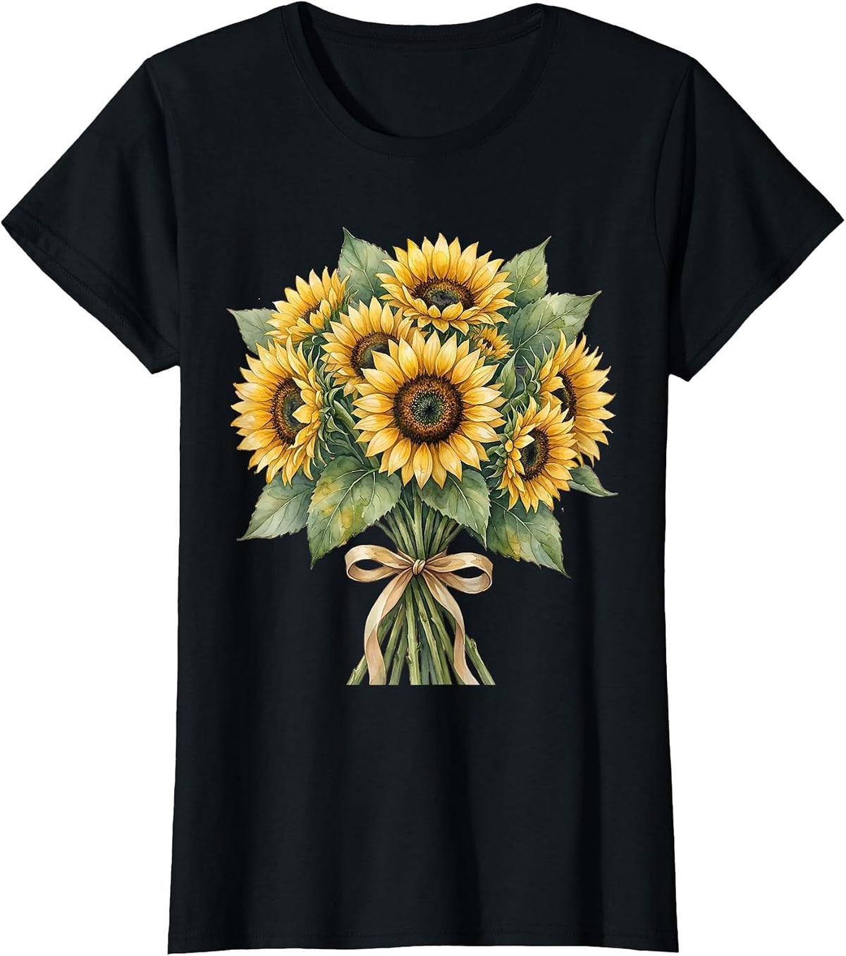 Women's Sunflower Bouquet Mom Ribbon Floral Graphic T-Shirt - Black