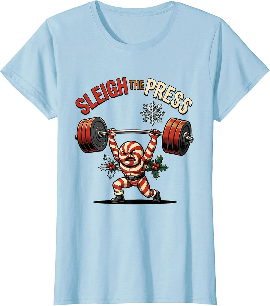 Women's Sleigh The Press Funny Christmas Gym Workout Weightlifting T-Shirt - Baby Blue
